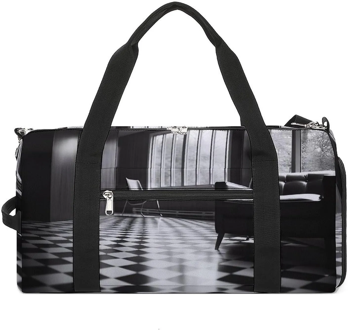 Gym Bag Black And White Floor Duffel Bag for Men Women Travel Overnight Bag with Shoe Compartment Workout Bags