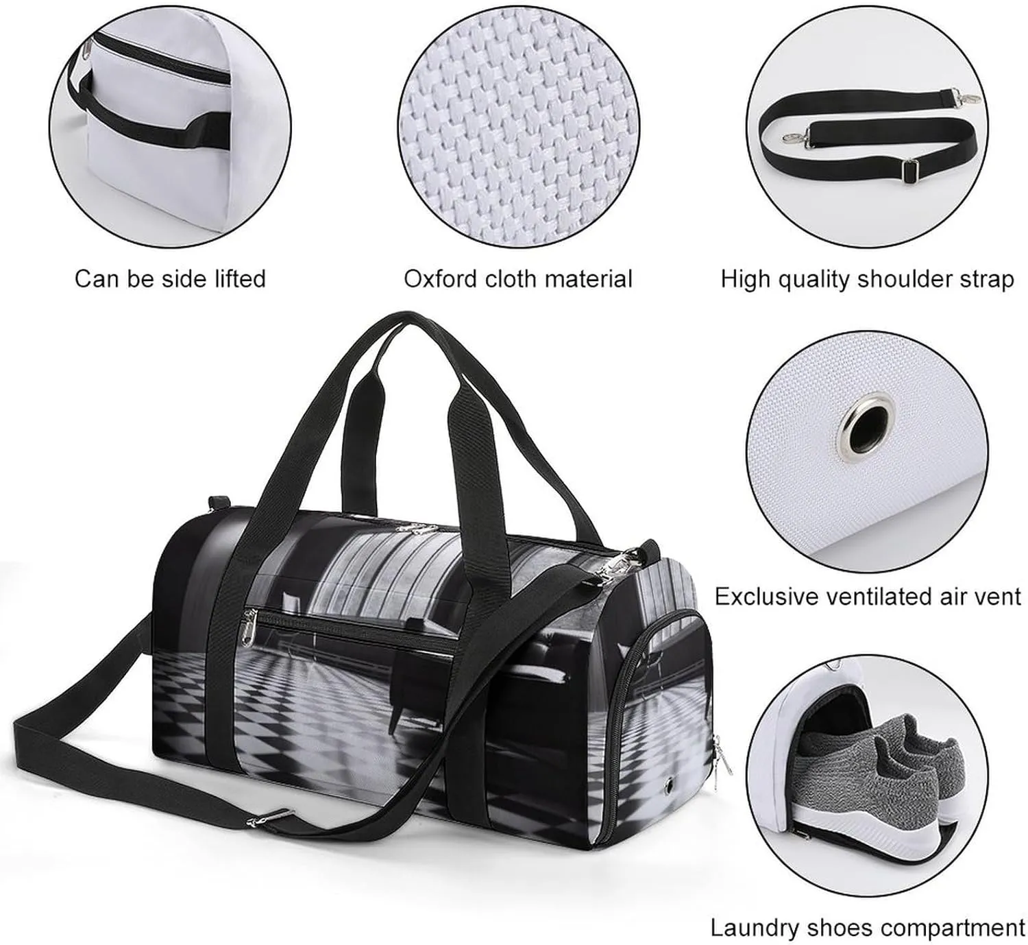 Gym Bag Black And White Floor Duffel Bag for Men Women Travel Overnight Bag with Shoe Compartment Workout Bags