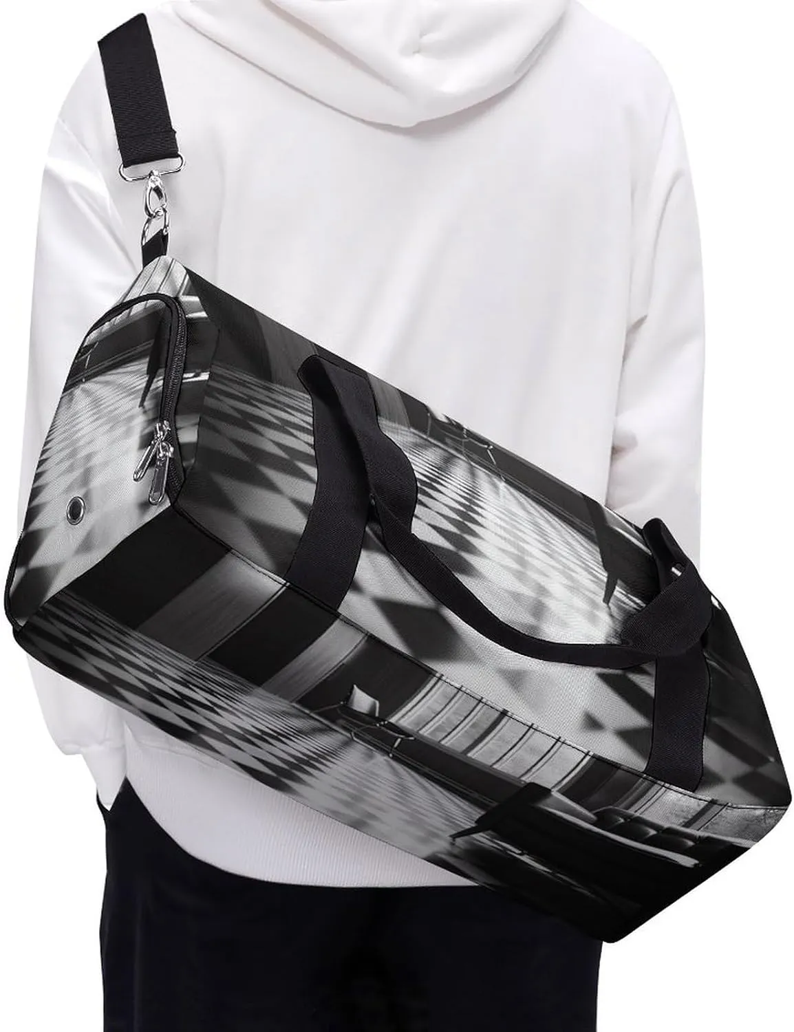 Gym Bag Black And White Floor Duffel Bag for Men Women Travel Overnight Bag with Shoe Compartment Workout Bags