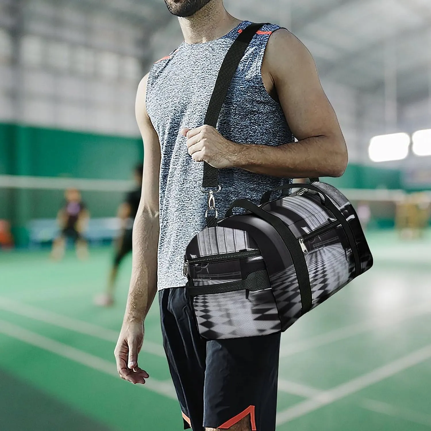 Gym Bag Black And White Floor Duffel Bag for Men Women Travel Overnight Bag with Shoe Compartment Workout Bags