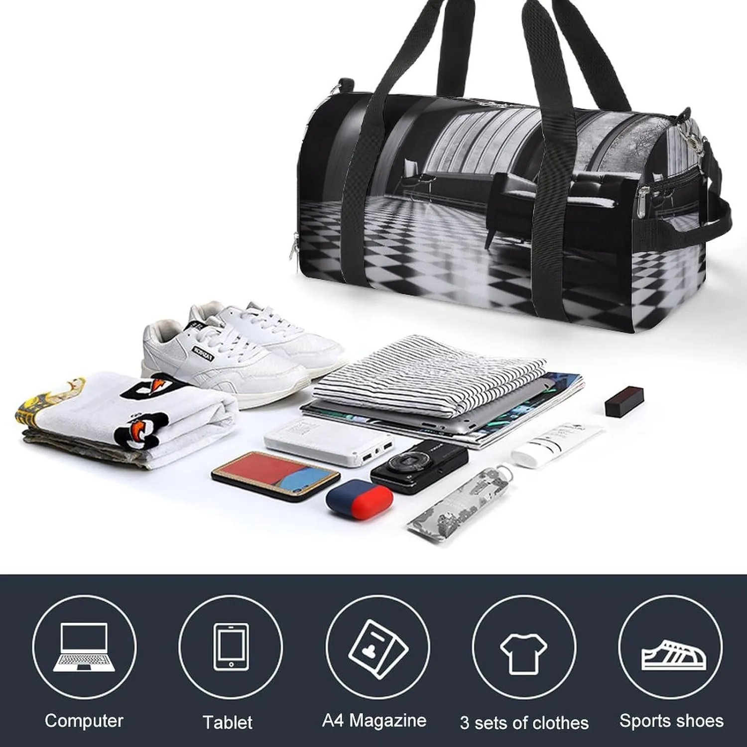 Gym Bag Black And White Floor Duffel Bag for Men Women Travel Overnight Bag with Shoe Compartment Workout Bags