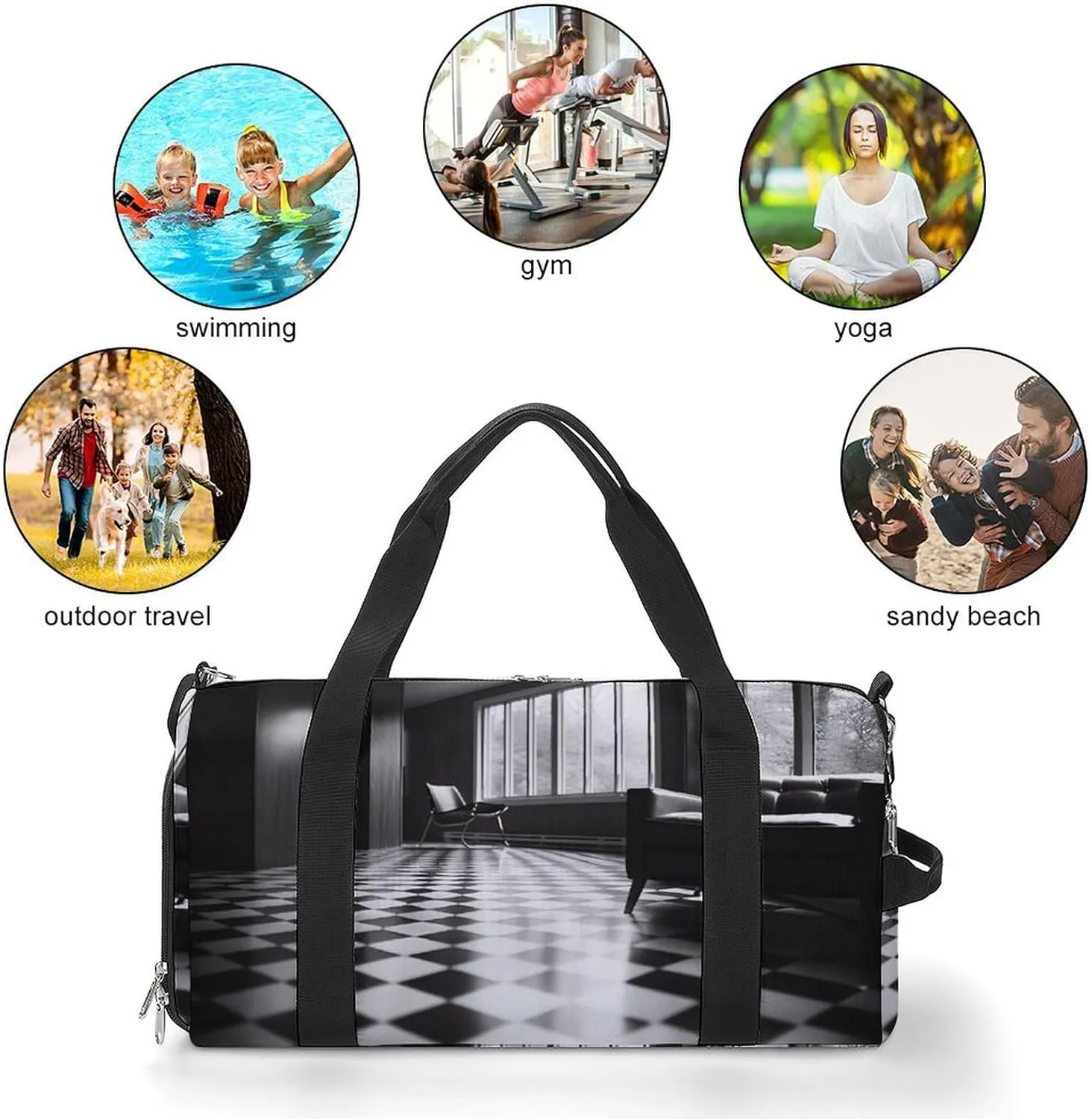 Gym Bag Black And White Floor Duffel Bag for Men Women Travel Overnight Bag with Shoe Compartment Workout Bags