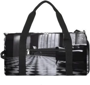 Gym Bag Black And White Floor Duffel Bag for Men Women Travel Overnight Bag with Shoe Compartment Workout Bags