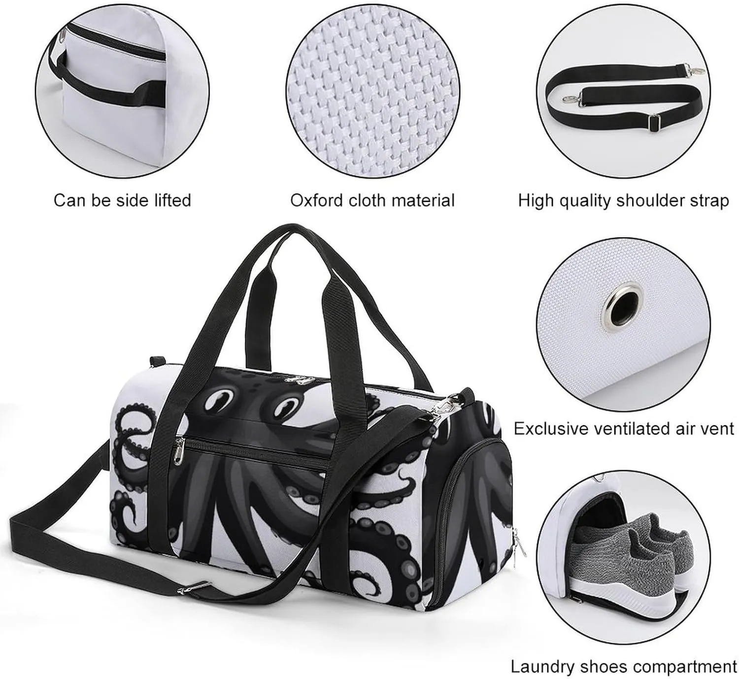 Gym Bag Classic Black Octopus Duffel Bag for Men Women Overnight Bag with Shoe Compartment Workout Bags