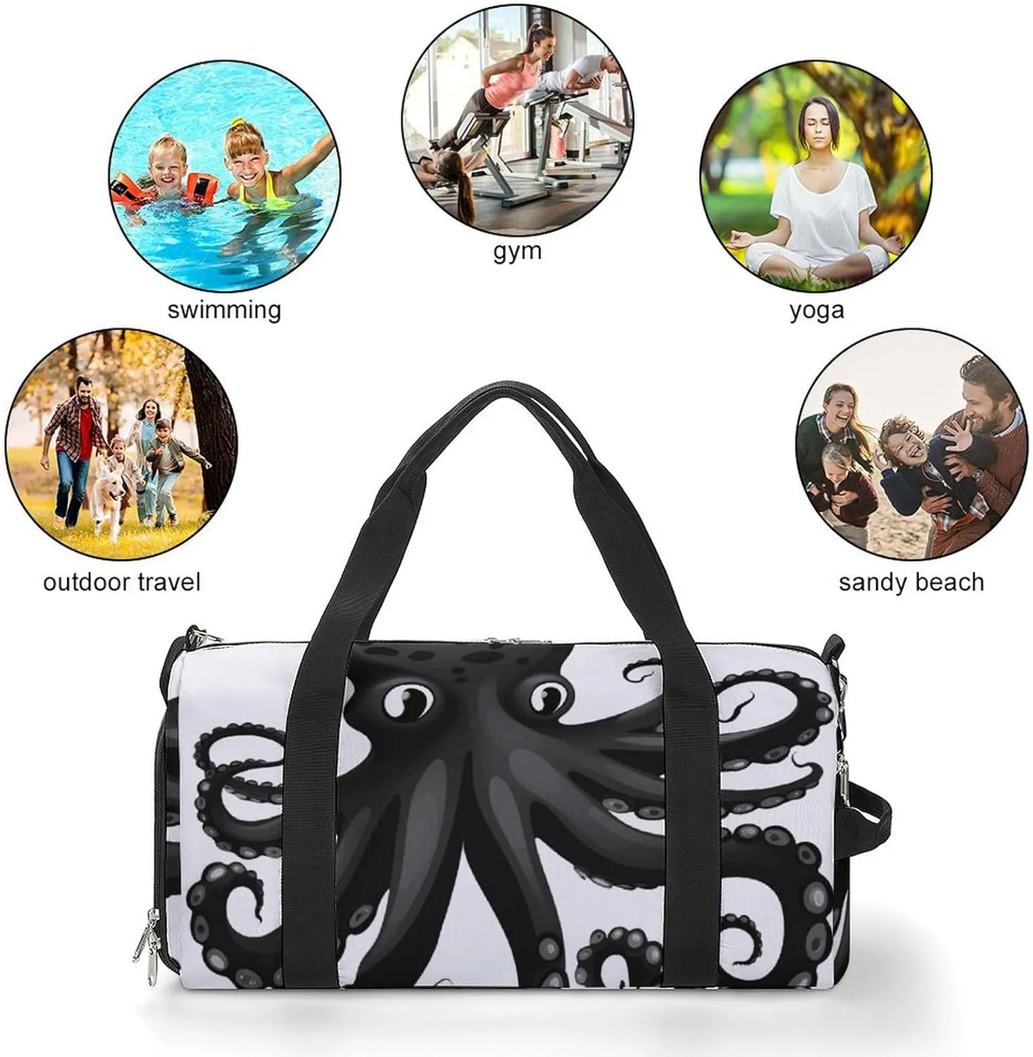 Gym Bag Classic Black Octopus Duffel Bag for Men Women Overnight Bag with Shoe Compartment Workout Bags
