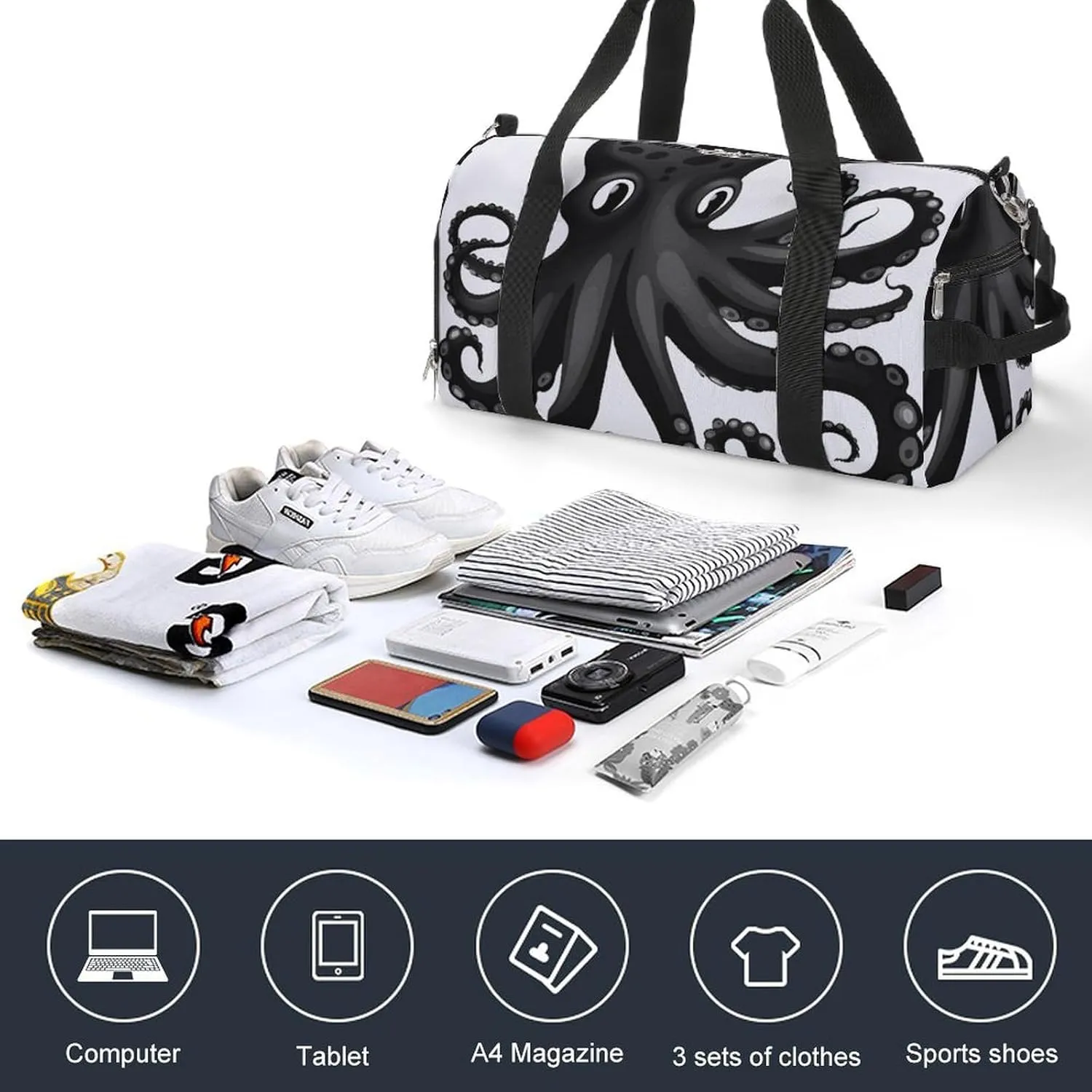 Gym Bag Classic Black Octopus Duffel Bag for Men Women Overnight Bag with Shoe Compartment Workout Bags