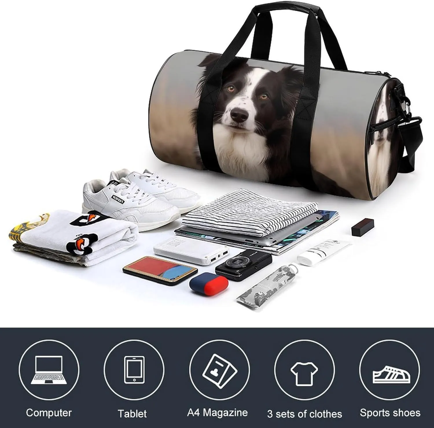 Gym Bag for Men Women Border Collie Duffel Bag Overnight Bag with Compartment Gym Sackpac