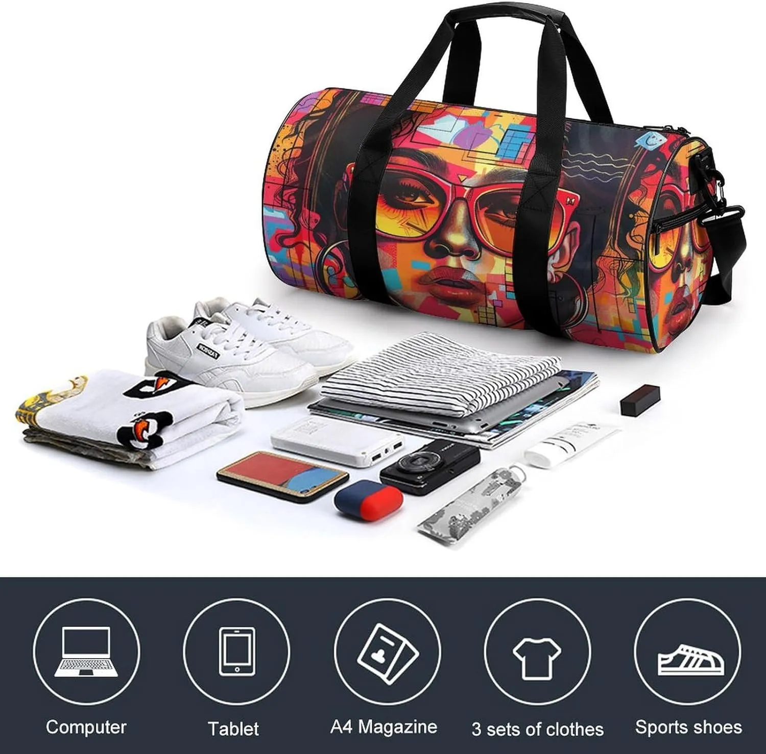 Gym Bag for Men Women Girl Wearing Sunglasses Duffel Bag Overnight Bag with Compartment Gym Sackpac
