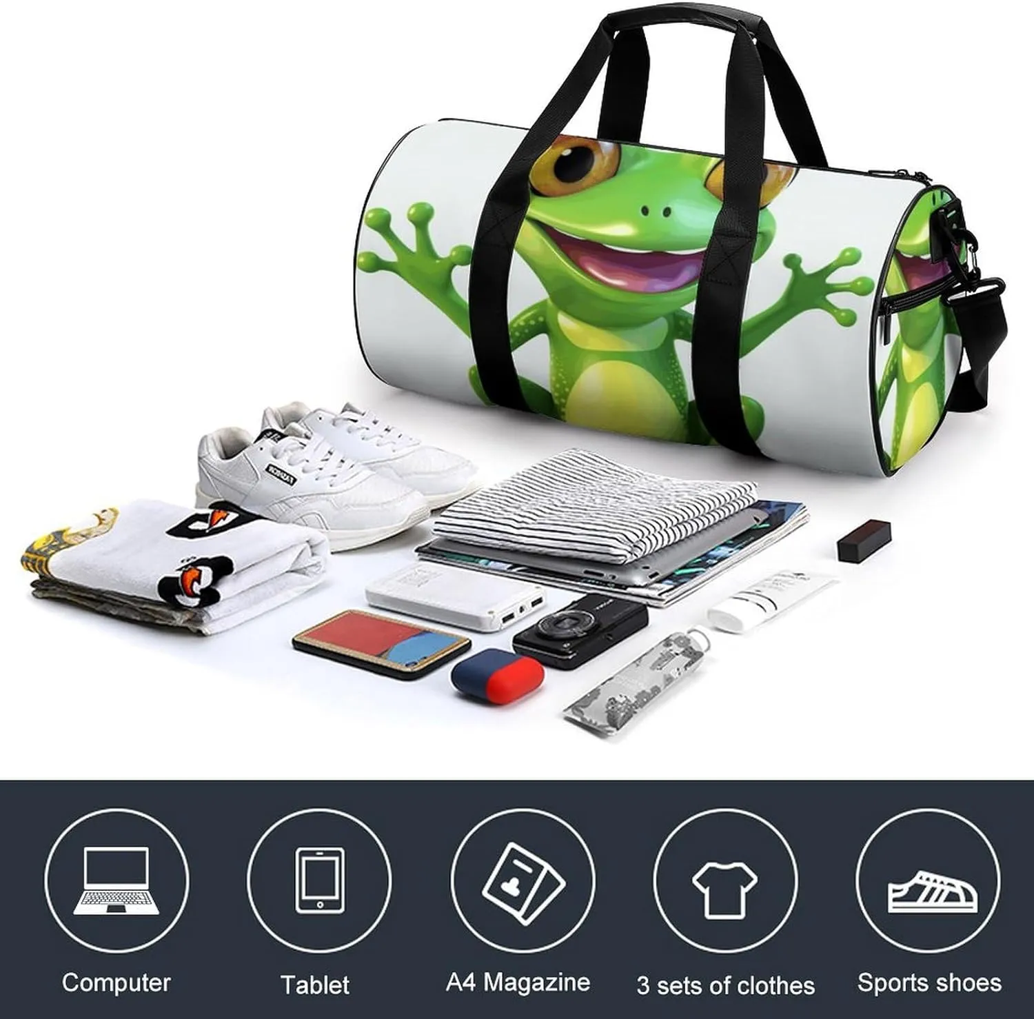Gym Bag for Men Women Green Frog Duffel Bag Overnight Bag with Compartment Gym Sackpac