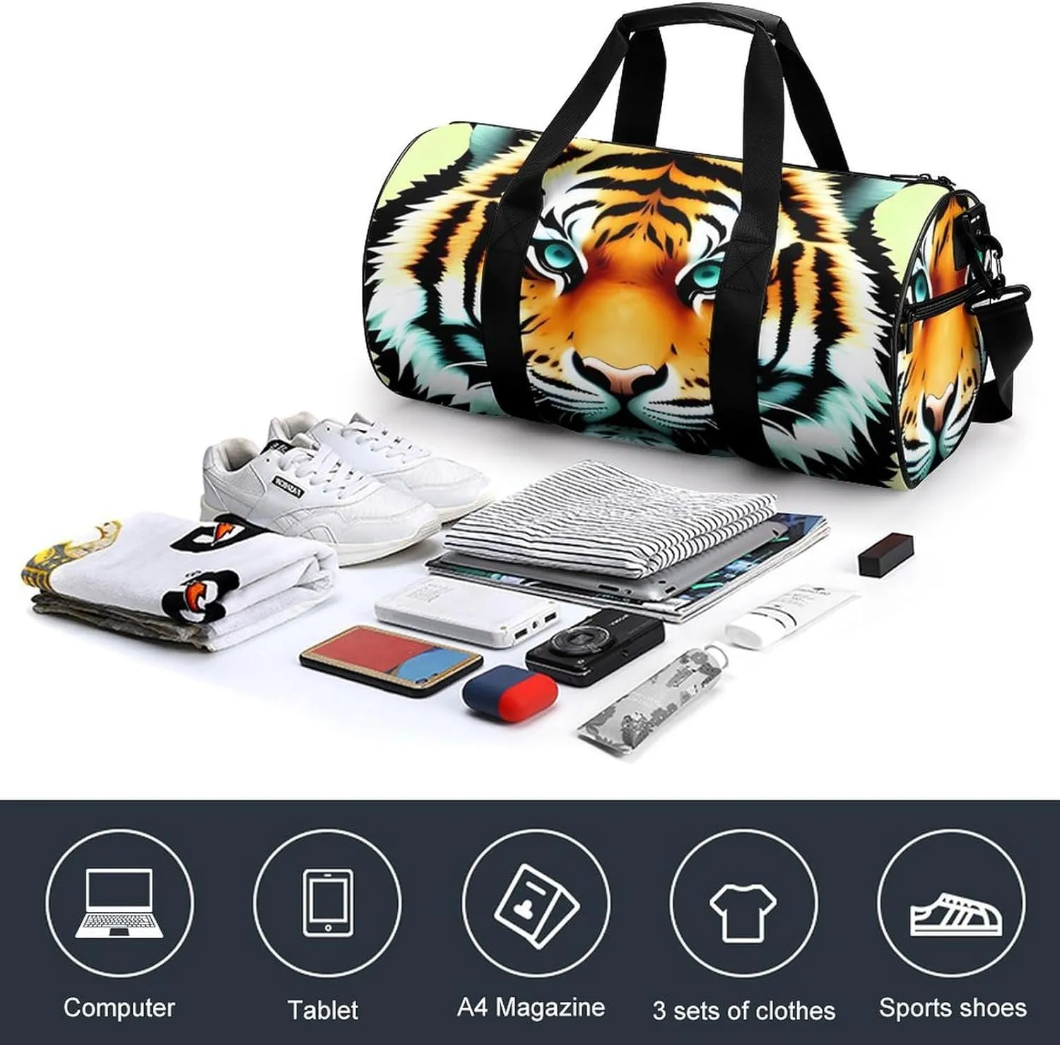 Gym Bag for Men Women Little Fat Tiger Head Duffel Bag Overnight Bag with Compartment Gym Sackpac