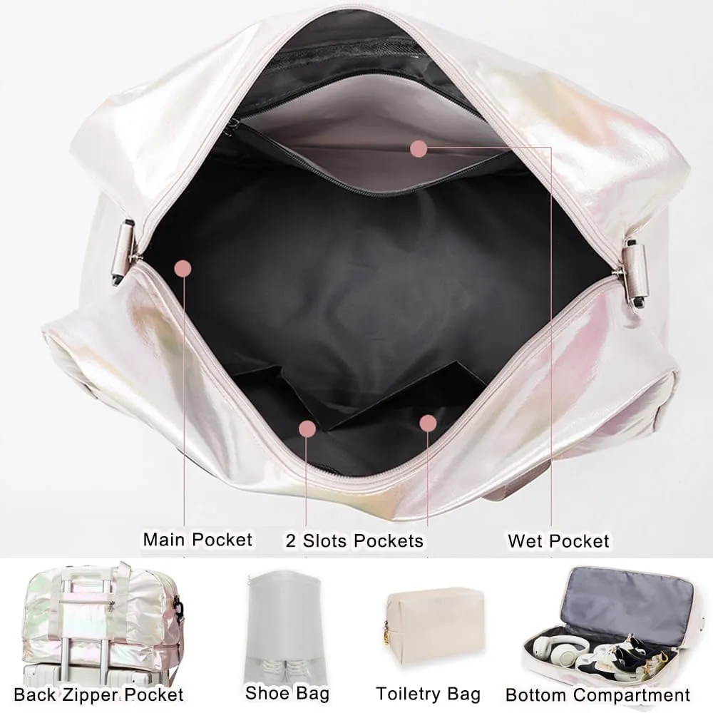 Gym Bag for Women Sports Travel Duffel Bag with Toiletry Bag Weekender Overnight Carry On Bag with Shoes Compartment Wet Pocket for Women Girls Yoga Dance Tote Workout Hospital Swim Bags White