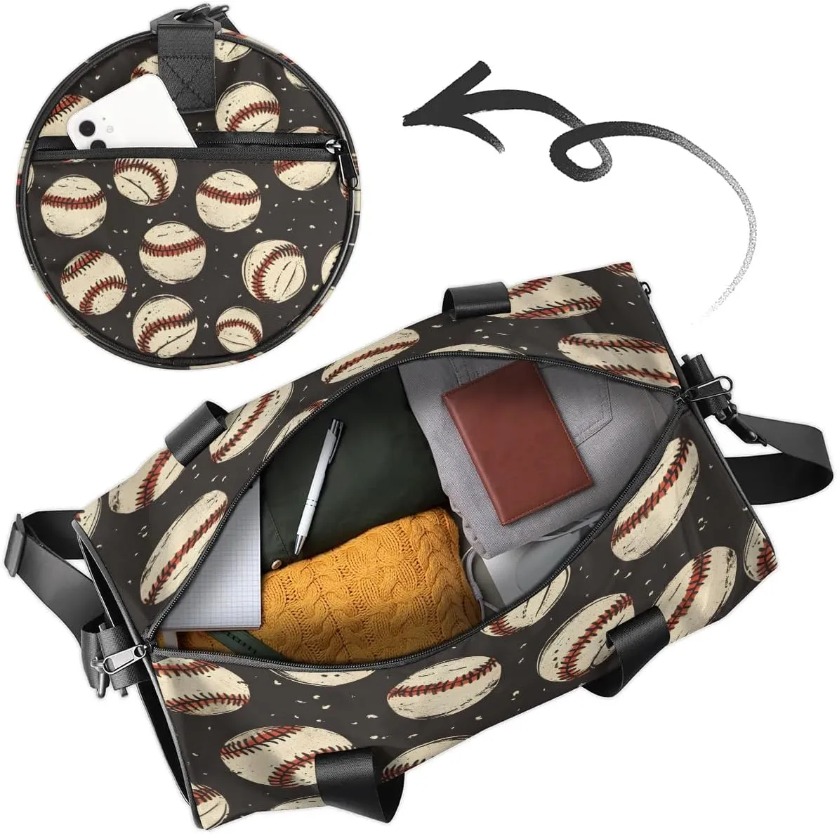 Gym Bags for Men Women Baseballs Prints Sports Duffel Bags Carry On Travel Duffle Bag with Detachable Adjustable Shoulder Strap Overnight Weekender Bag