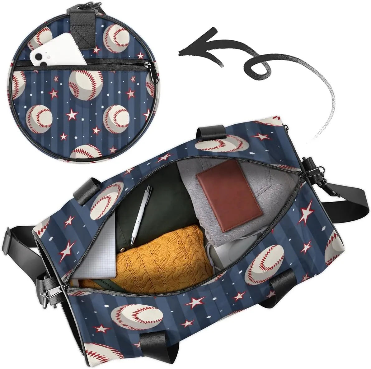 Gym Bags for Men Women Baseballs Stars Sports Duffel Bags Carry On Travel Duffle Bag with Detachable Adjustable Shoulder Strap Overnight Weekender Bag