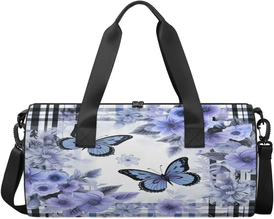 Gym Bags for Men Women Beautiful Butterflies Flowers Sports Duffel Bags Carry On Travel Duffle Bag with Detachable Adjustable Shoulder Strap Overnight Weekender Bag