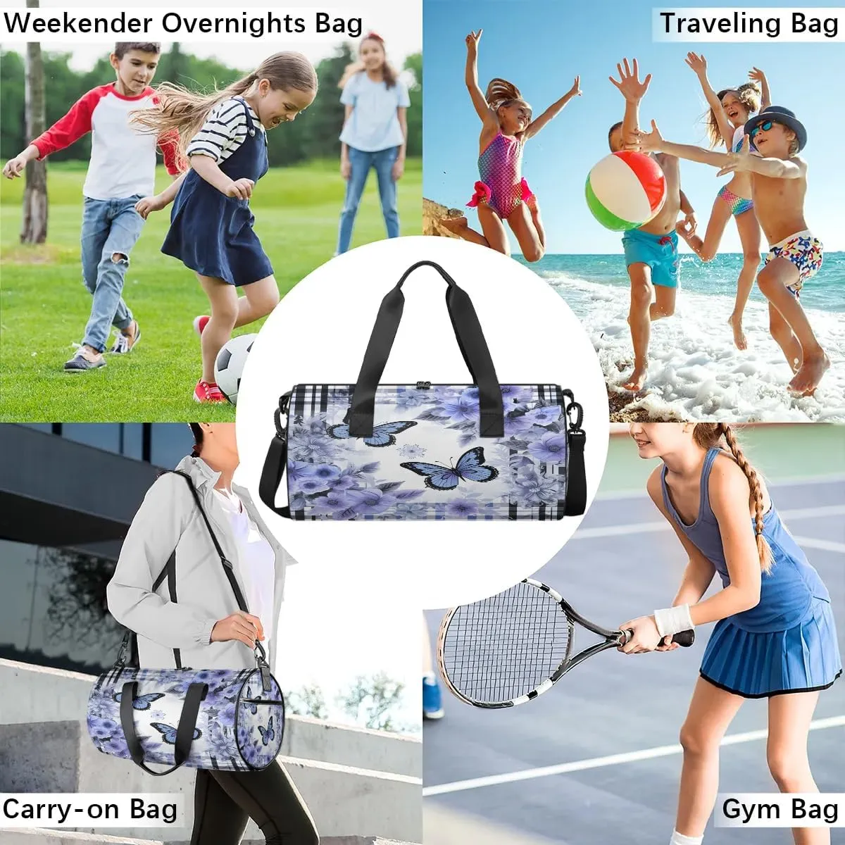Gym Bags for Men Women Beautiful Butterflies Flowers Sports Duffel Bags Carry On Travel Duffle Bag with Detachable Adjustable Shoulder Strap Overnight Weekender Bag