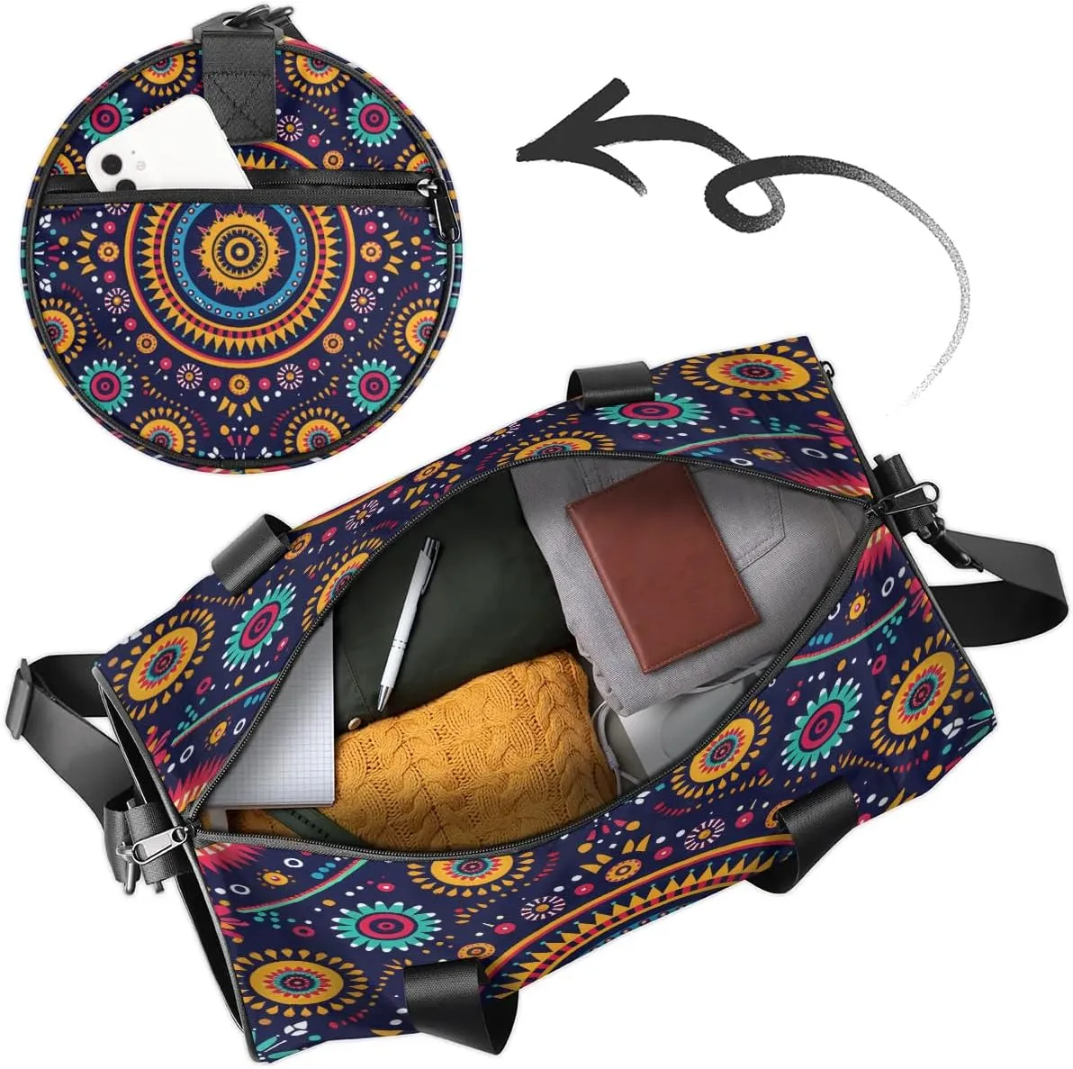 Gym Bags for Men Women Boho Floral Print Sports Duffel Bags Carry On Travel Duffle Bag with Detachable Adjustable Shoulder Strap Overnight Weekender Bag