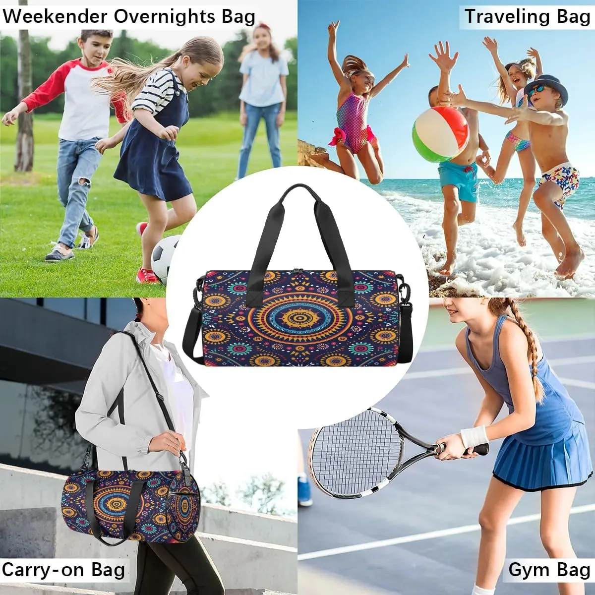 Gym Bags for Men Women Boho Floral Print Sports Duffel Bags Carry On Travel Duffle Bag with Detachable Adjustable Shoulder Strap Overnight Weekender Bag