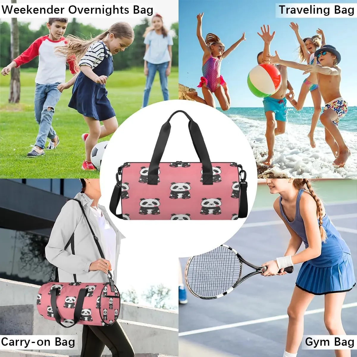 Gym Bags for Men Women Cartoon Pandas Sports Duffel Bags Carry On Travel Duffle Bag with Detachable Adjustable Shoulder Strap Overnight Weekender Bag