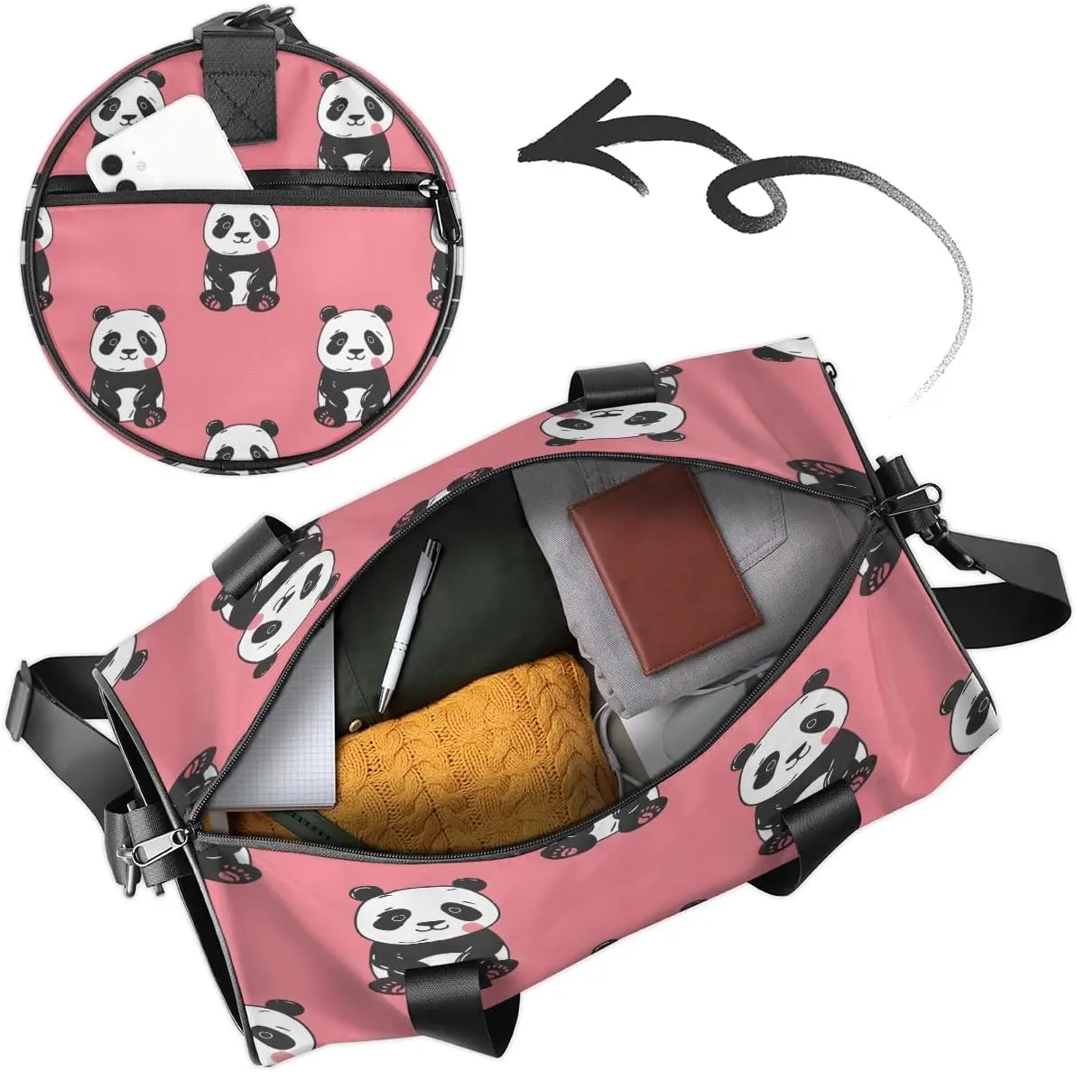 Gym Bags for Men Women Cartoon Pandas Sports Duffel Bags Carry On Travel Duffle Bag with Detachable Adjustable Shoulder Strap Overnight Weekender Bag