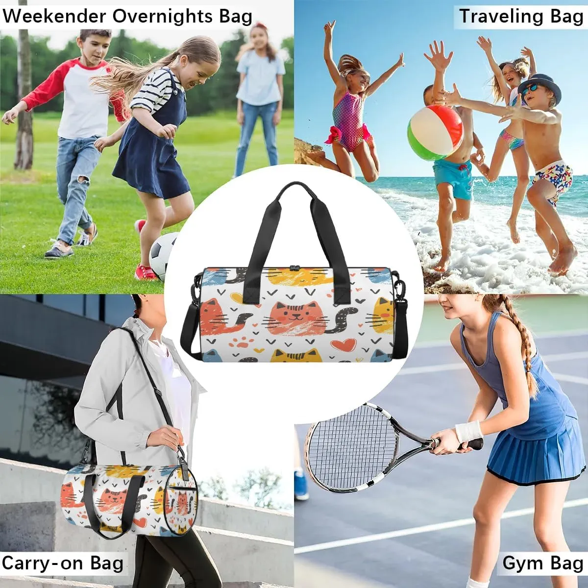 Gym Bags for Men Women Cat Print Sports Duffel Bags Carry On Travel Duffle Bag with Detachable Adjustable Shoulder Strap Overnight Weekender Bag