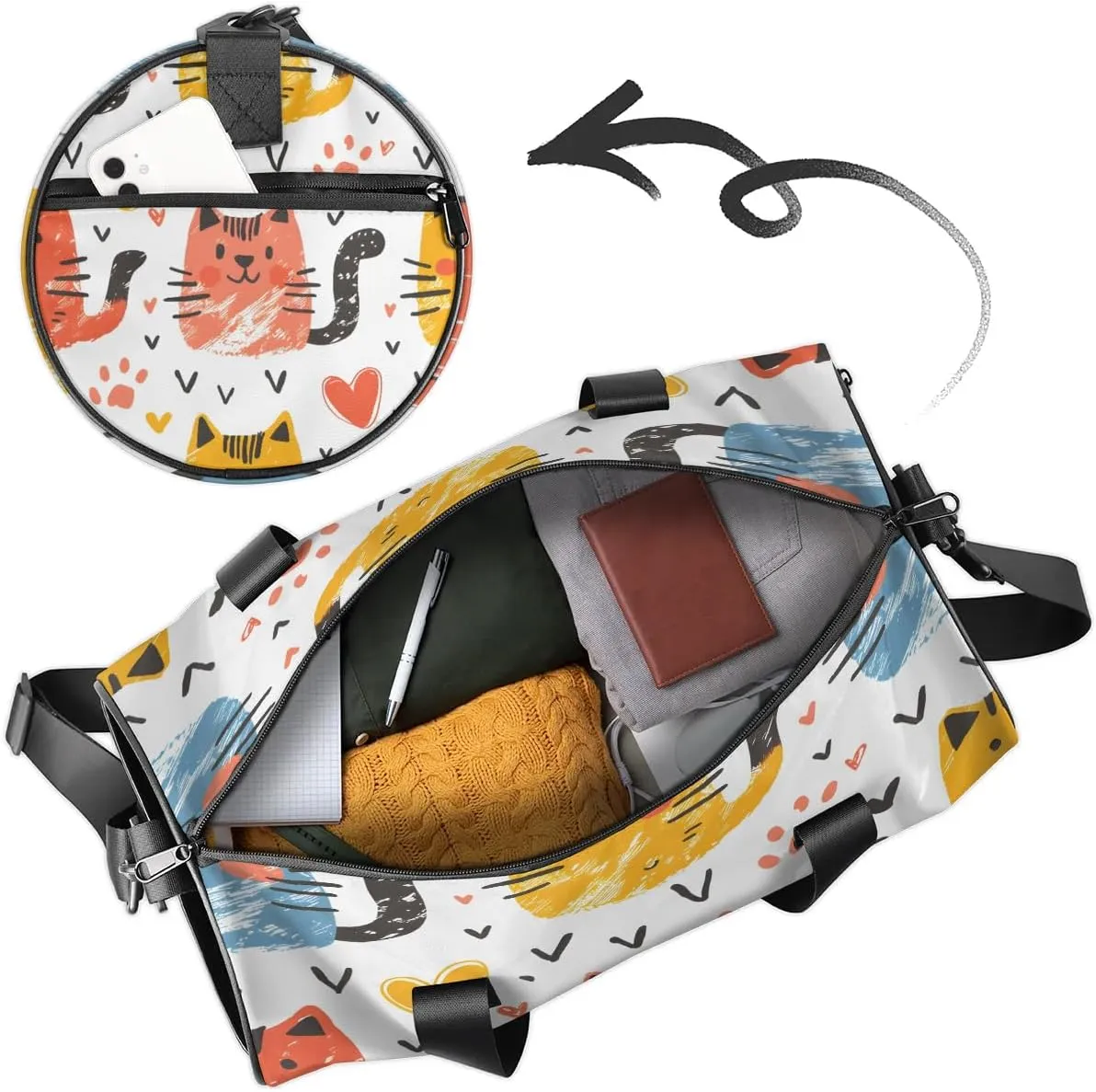 Gym Bags for Men Women Cat Print Sports Duffel Bags Carry On Travel Duffle Bag with Detachable Adjustable Shoulder Strap Overnight Weekender Bag