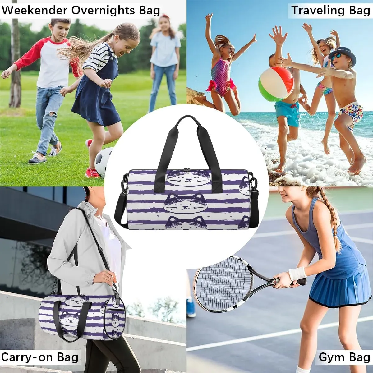 Gym Bags for Men Women Cats Stripes Sports Duffel Bags Carry On Travel Duffle Bag with Detachable Adjustable Shoulder Strap Overnight Weekender Bag