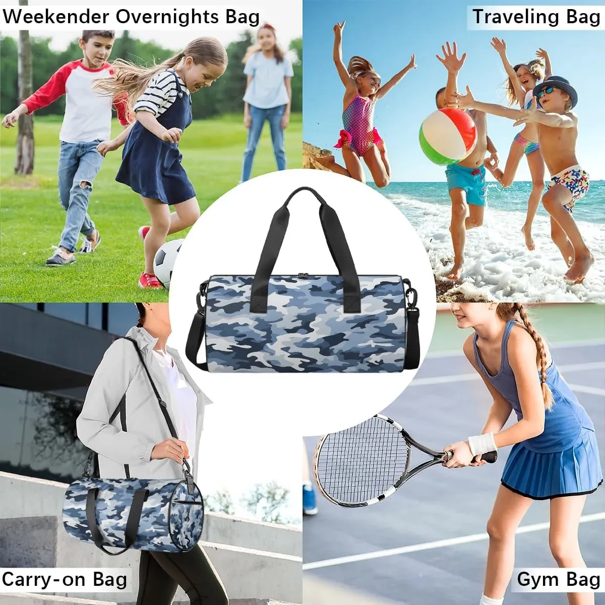Gym Bags for Men Women Classic Camo Sports Duffel Bags Carry On Travel Duffle Bag with Detachable Adjustable Shoulder Strap Overnight Weekender Bag