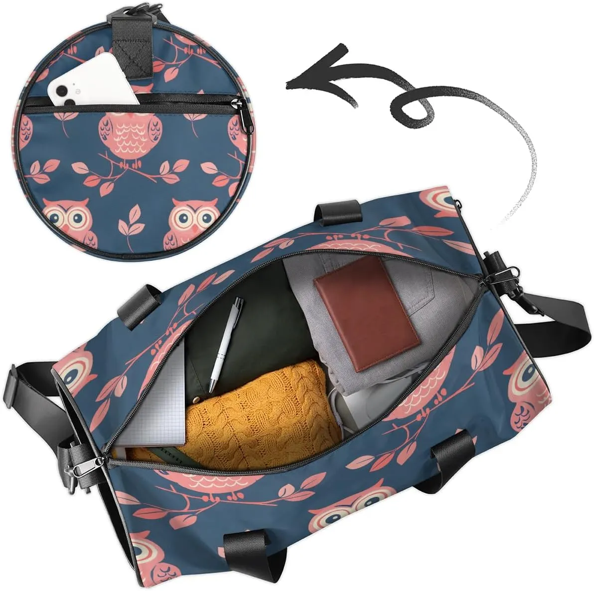 Gym Bags for Men Women Cute Owl Branch Sports Duffel Bags Carry On Travel Duffle Bag with Detachable Adjustable Shoulder Strap Overnight Weekender Bag