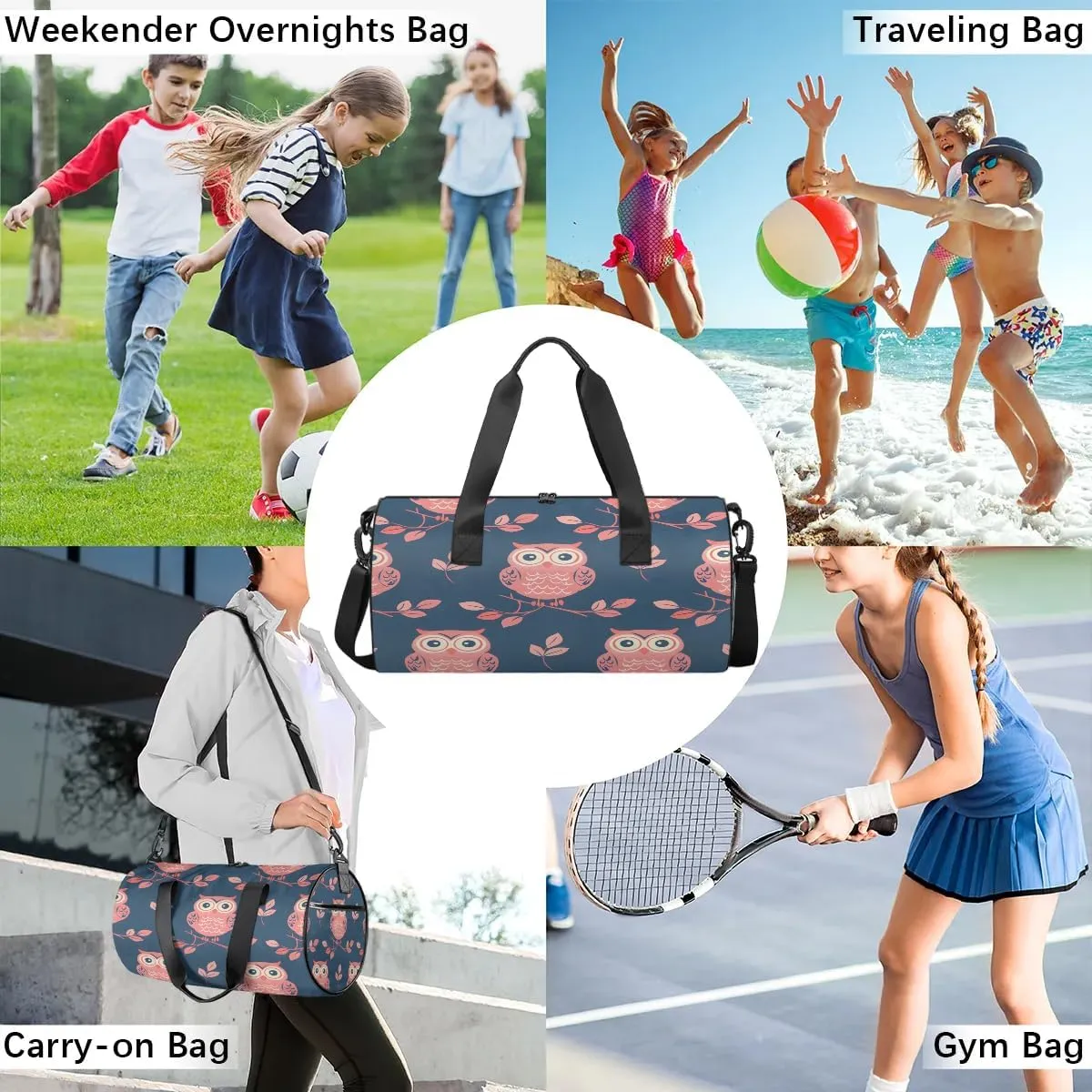 Gym Bags for Men Women Cute Owl Branch Sports Duffel Bags Carry On Travel Duffle Bag with Detachable Adjustable Shoulder Strap Overnight Weekender Bag