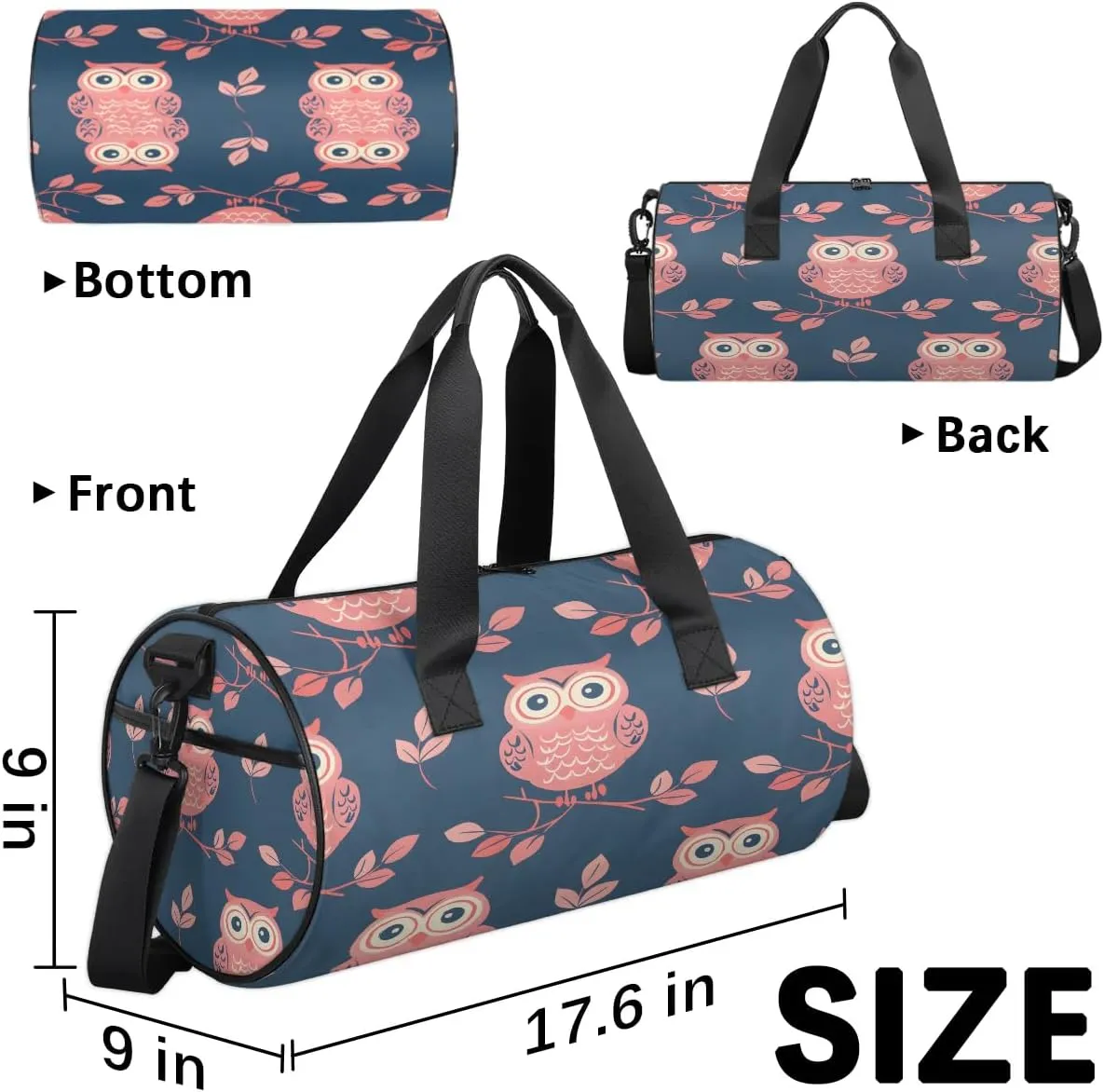 Gym Bags for Men Women Cute Owl Branch Sports Duffel Bags Carry On Travel Duffle Bag with Detachable Adjustable Shoulder Strap Overnight Weekender Bag