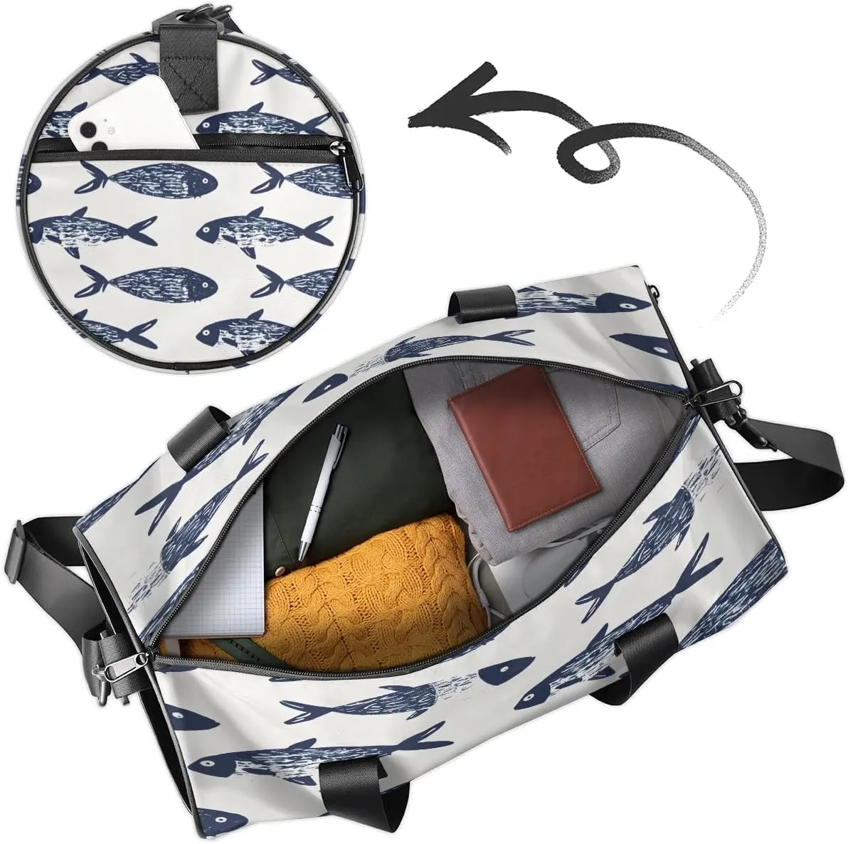 Gym Bags for Men Women Fishes Printed Sports Duffel Bags Carry On Travel Duffle Bag with Detachable Adjustable Shoulder Strap Overnight Weekender Bag