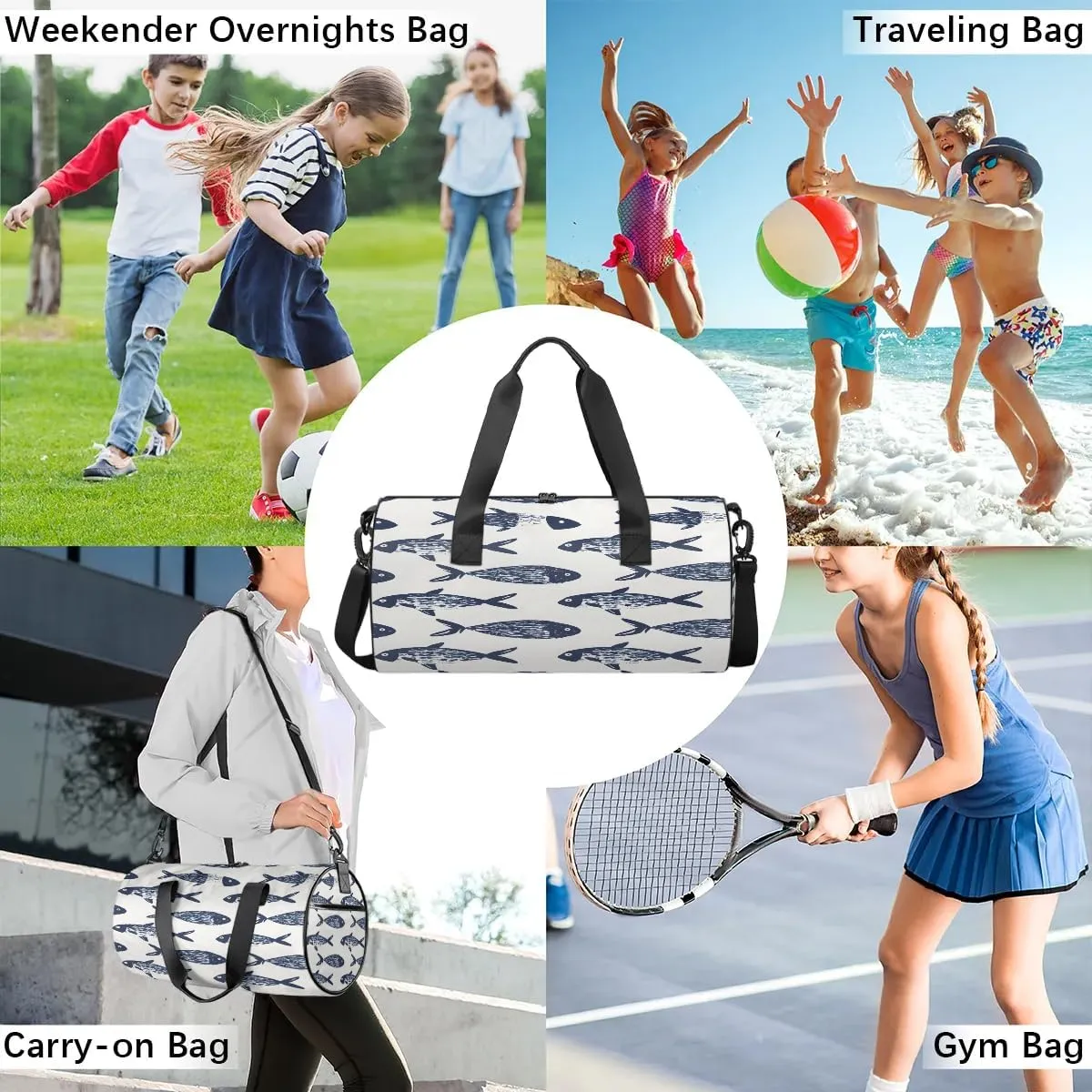Gym Bags for Men Women Fishes Printed Sports Duffel Bags Carry On Travel Duffle Bag with Detachable Adjustable Shoulder Strap Overnight Weekender Bag