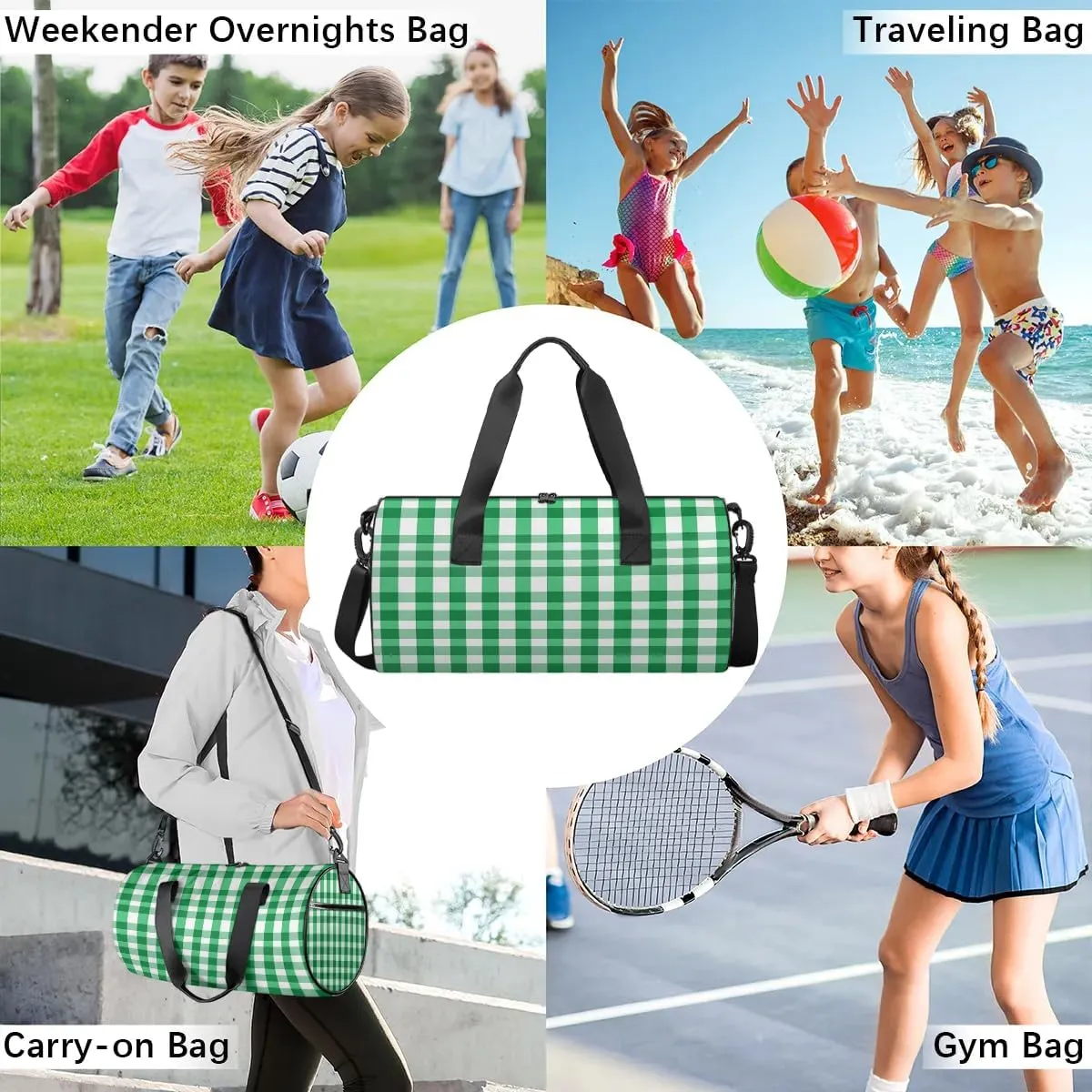 Gym Bags for Men Women Green Plaids Sports Duffel Bags Carry On Travel Duffle Bag with Detachable Adjustable Shoulder Strap Overnight Weekender Bag