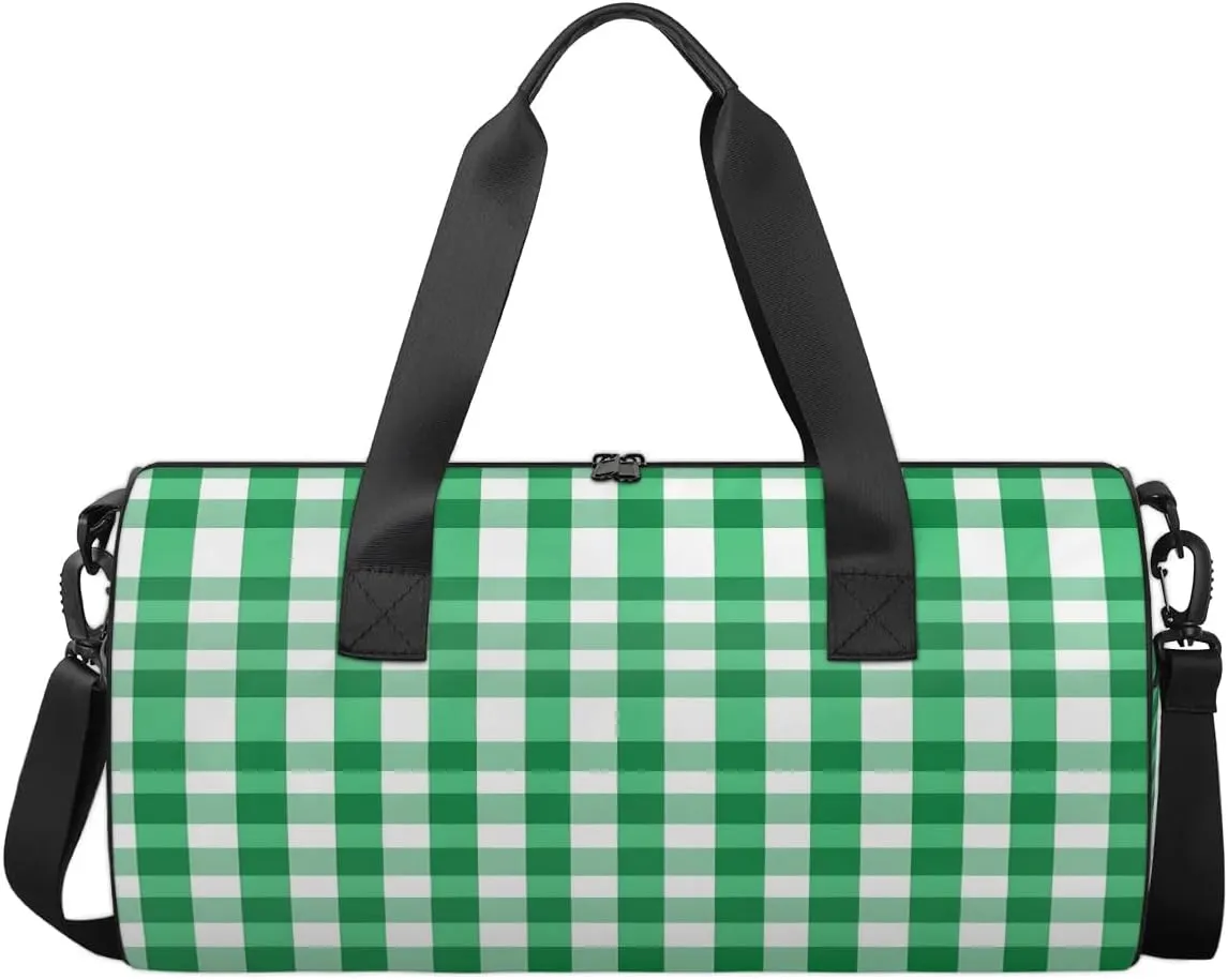 Gym Bags for Men Women Green Plaids Sports Duffel Bags Carry On Travel Duffle Bag with Detachable Adjustable Shoulder Strap Overnight Weekender Bag