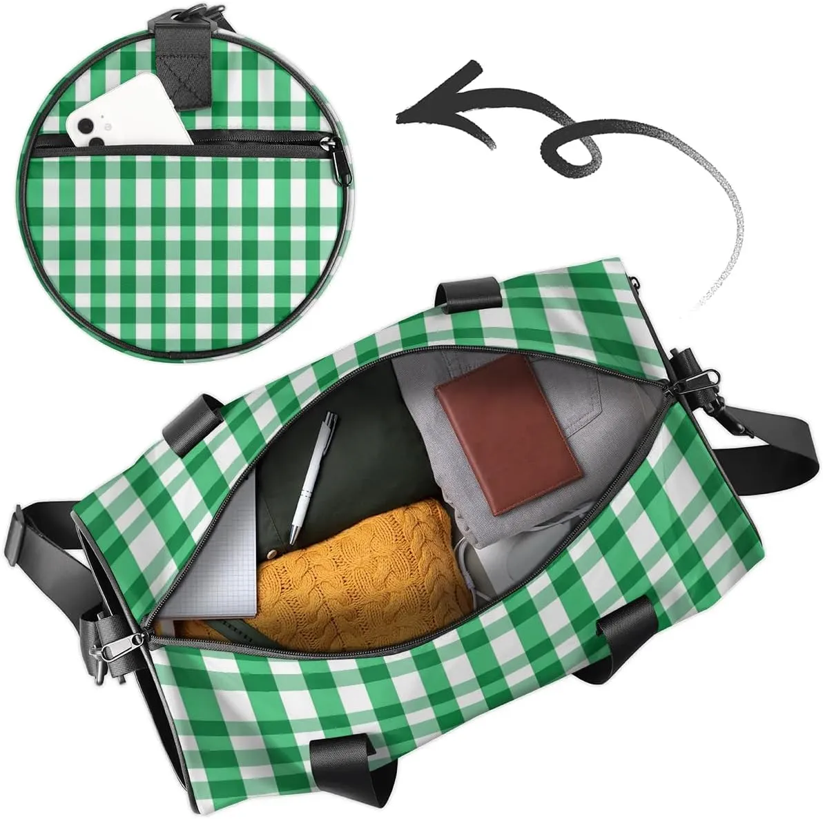 Gym Bags for Men Women Green Plaids Sports Duffel Bags Carry On Travel Duffle Bag with Detachable Adjustable Shoulder Strap Overnight Weekender Bag