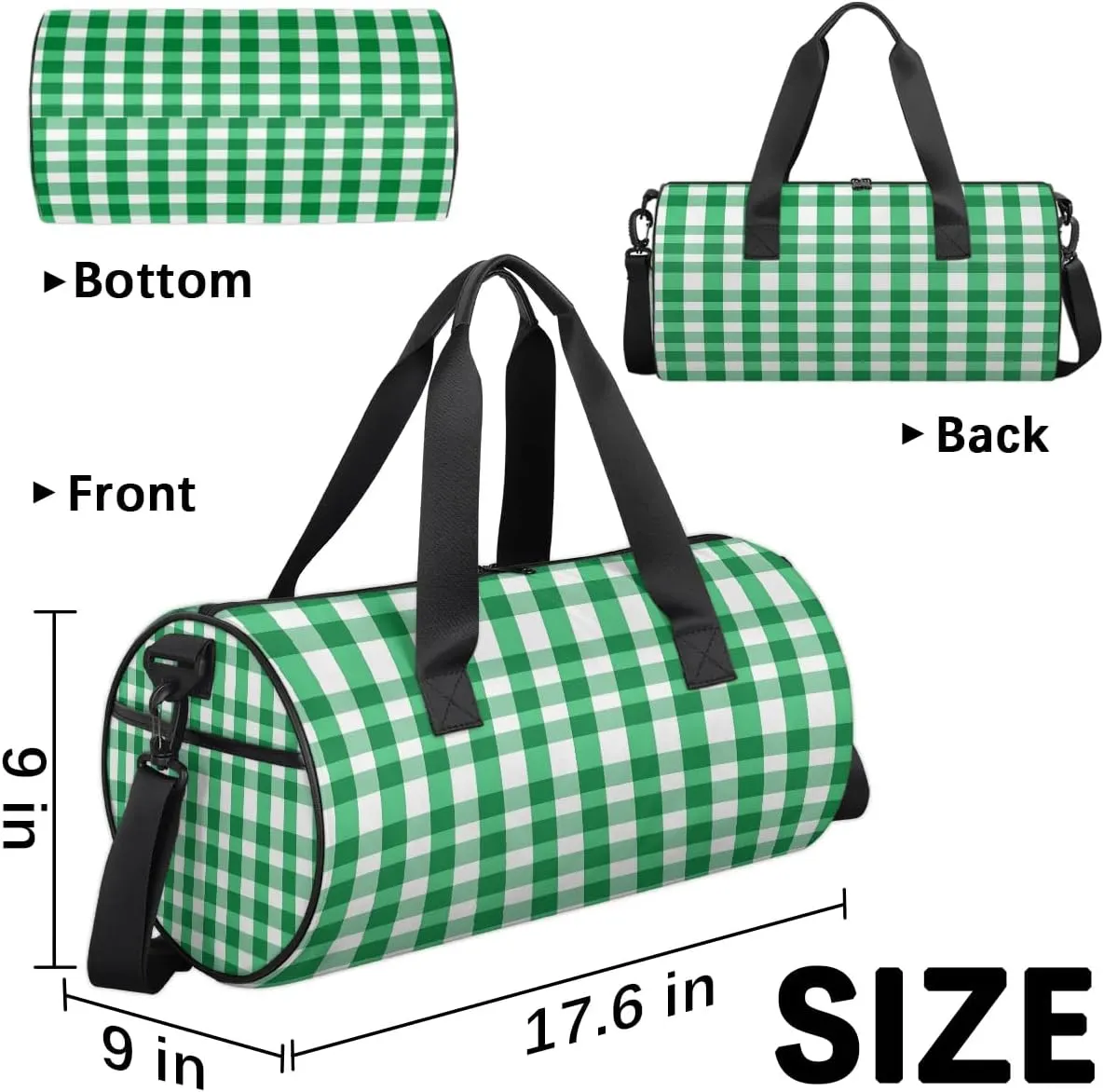 Gym Bags for Men Women Green Plaids Sports Duffel Bags Carry On Travel Duffle Bag with Detachable Adjustable Shoulder Strap Overnight Weekender Bag