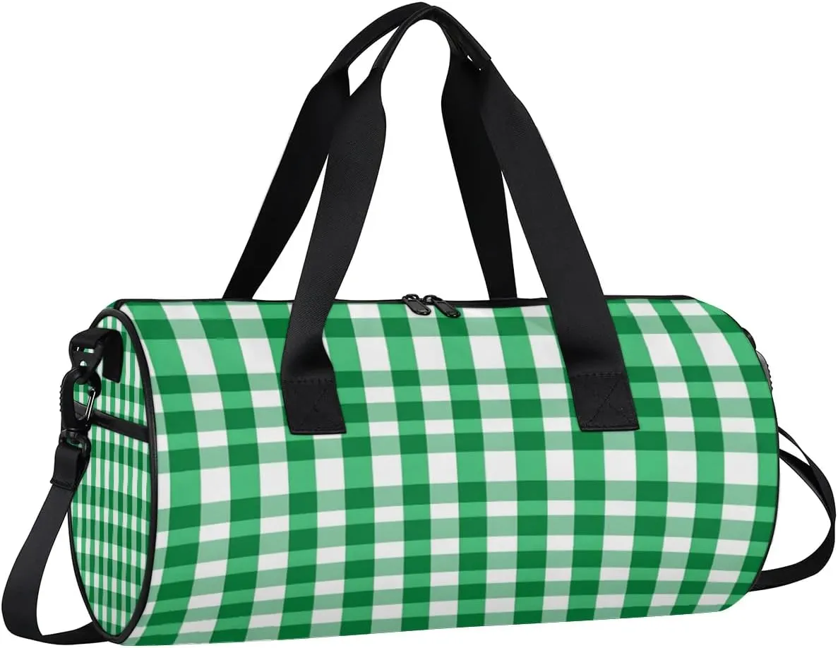Gym Bags for Men Women Green Plaids Sports Duffel Bags Carry On Travel Duffle Bag with Detachable Adjustable Shoulder Strap Overnight Weekender Bag