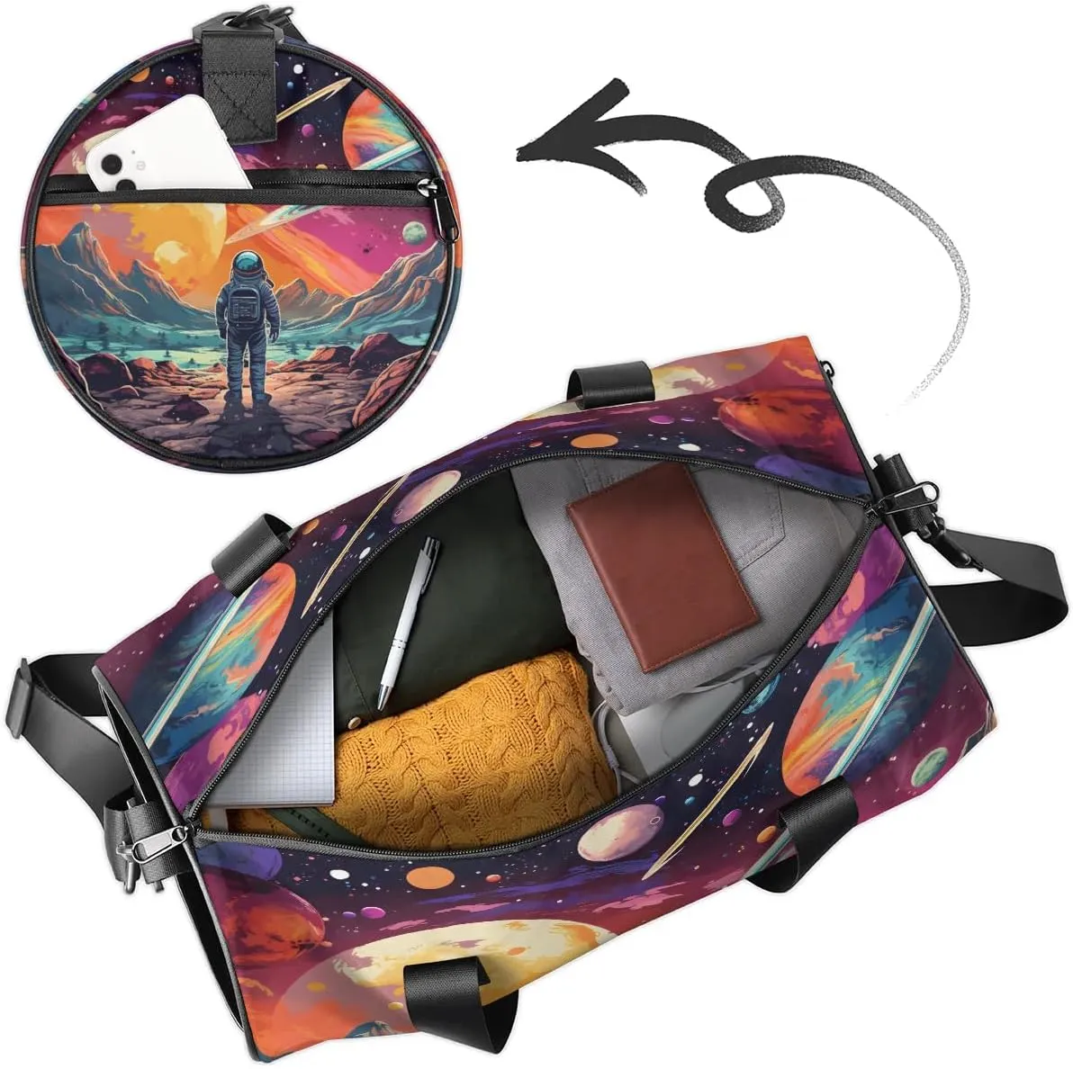 Gym Bags for Men Women Space Astronaut Sports Duffel Bags Carry On Travel Duffle Bag with Detachable Adjustable Shoulder Strap Overnight Weekender Bag