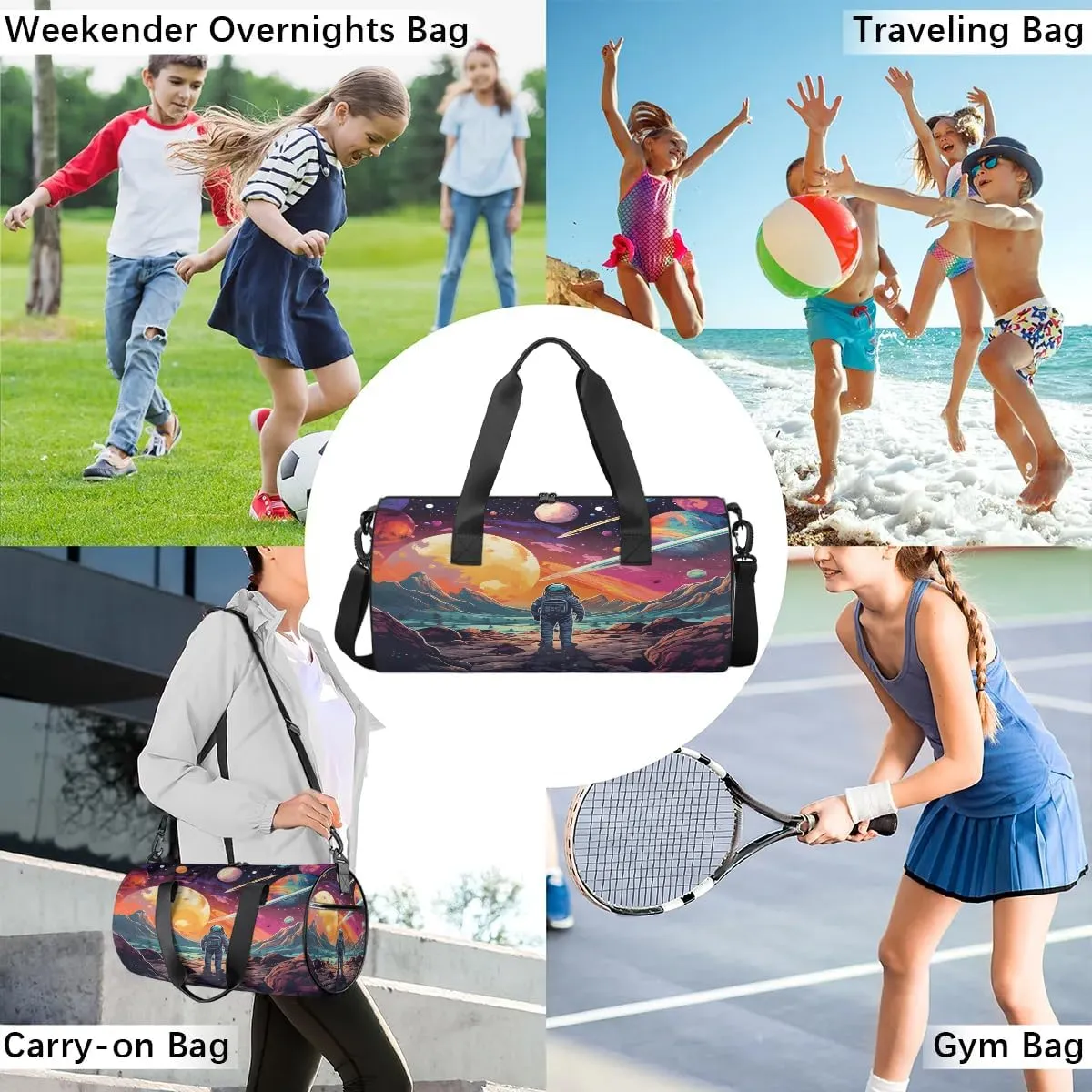 Gym Bags for Men Women Space Astronaut Sports Duffel Bags Carry On Travel Duffle Bag with Detachable Adjustable Shoulder Strap Overnight Weekender Bag