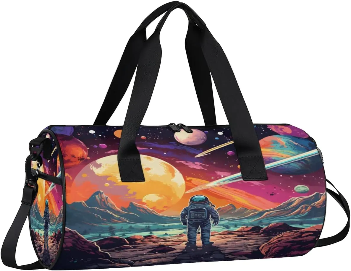 Gym Bags for Men Women Space Astronaut Sports Duffel Bags Carry On Travel Duffle Bag with Detachable Adjustable Shoulder Strap Overnight Weekender Bag