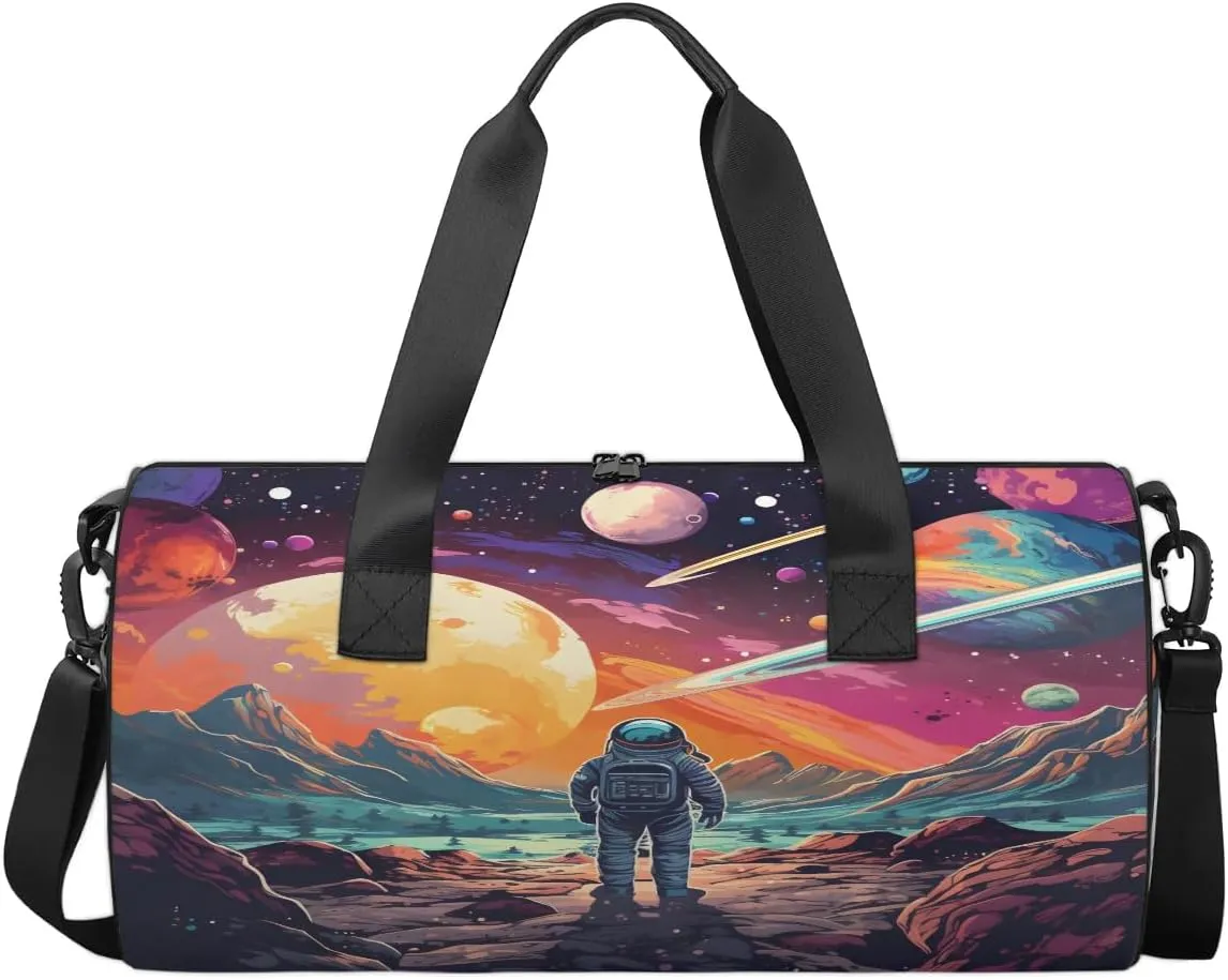 Gym Bags for Men Women Space Astronaut Sports Duffel Bags Carry On Travel Duffle Bag with Detachable Adjustable Shoulder Strap Overnight Weekender Bag