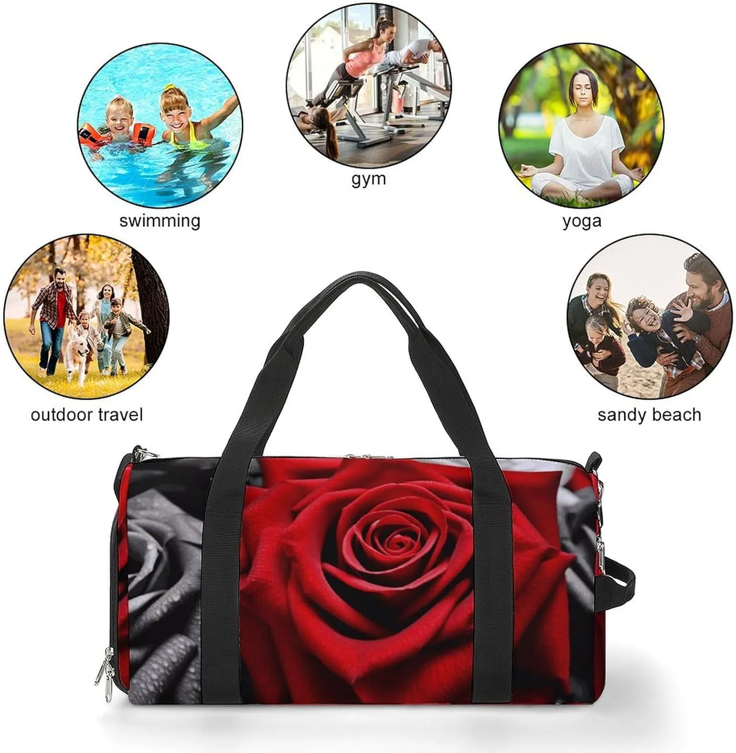 Gym Bags Small Black White And Red Roses Duffel Bag Overnight Bag with Shoe Compartment Carryon Bag for Men Women