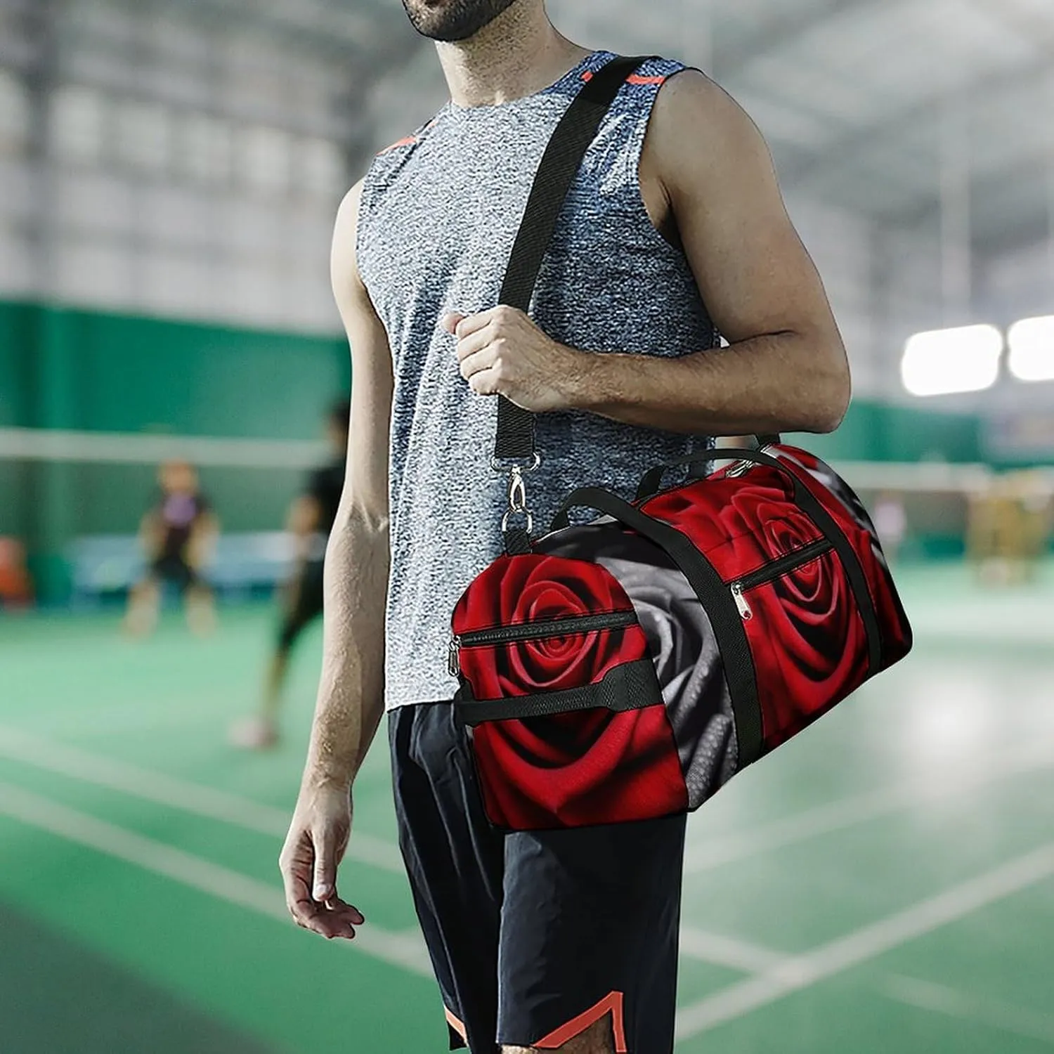 Gym Bags Small Black White And Red Roses Duffel Bag Overnight Bag with Shoe Compartment Carryon Bag for Men Women