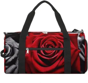 Gym Bags Small Black White And Red Roses Duffel Bag Overnight Bag with Shoe Compartment Carryon Bag for Men Women