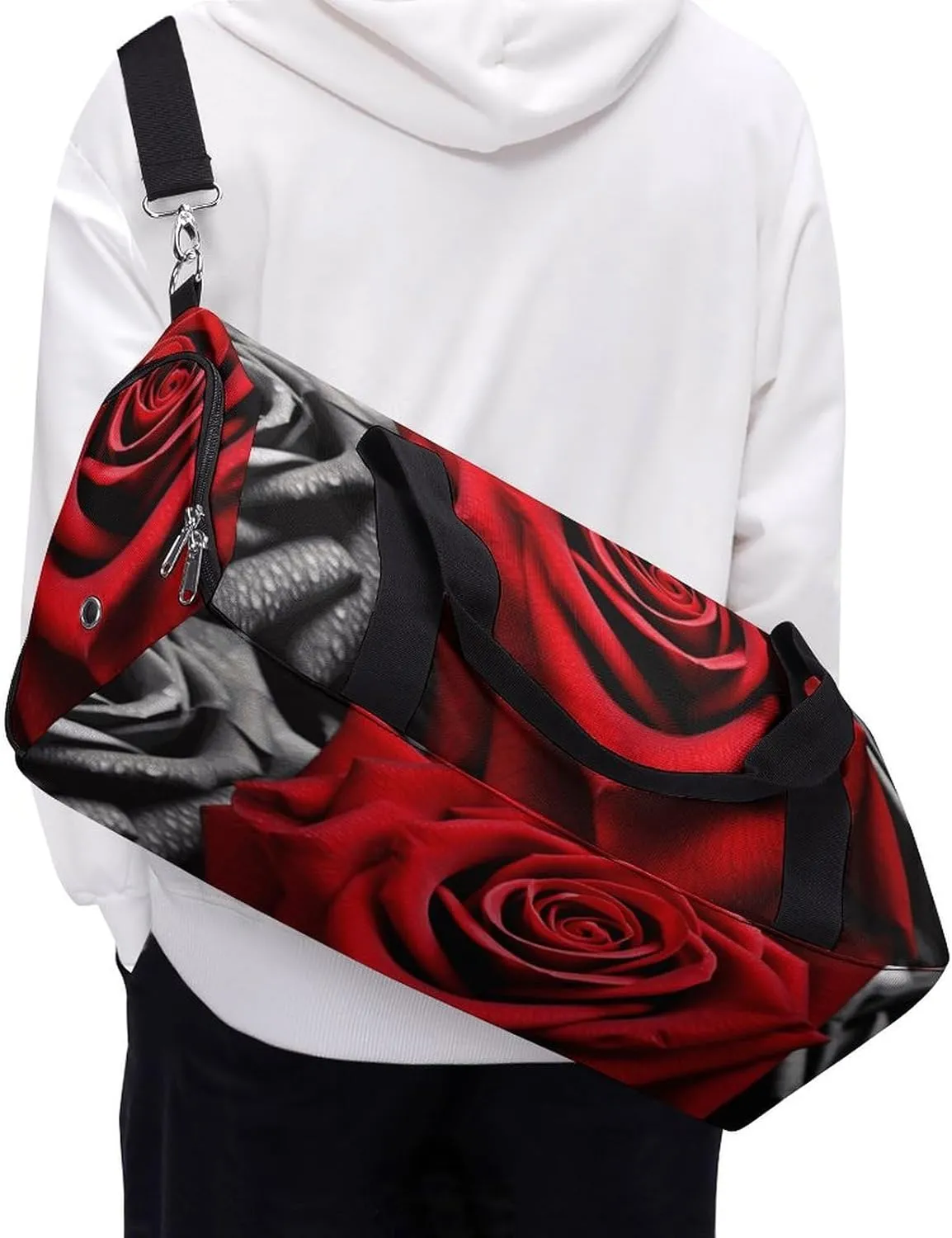 Gym Bags Small Black White And Red Roses Duffel Bag Overnight Bag with Shoe Compartment Carryon Bag for Men Women
