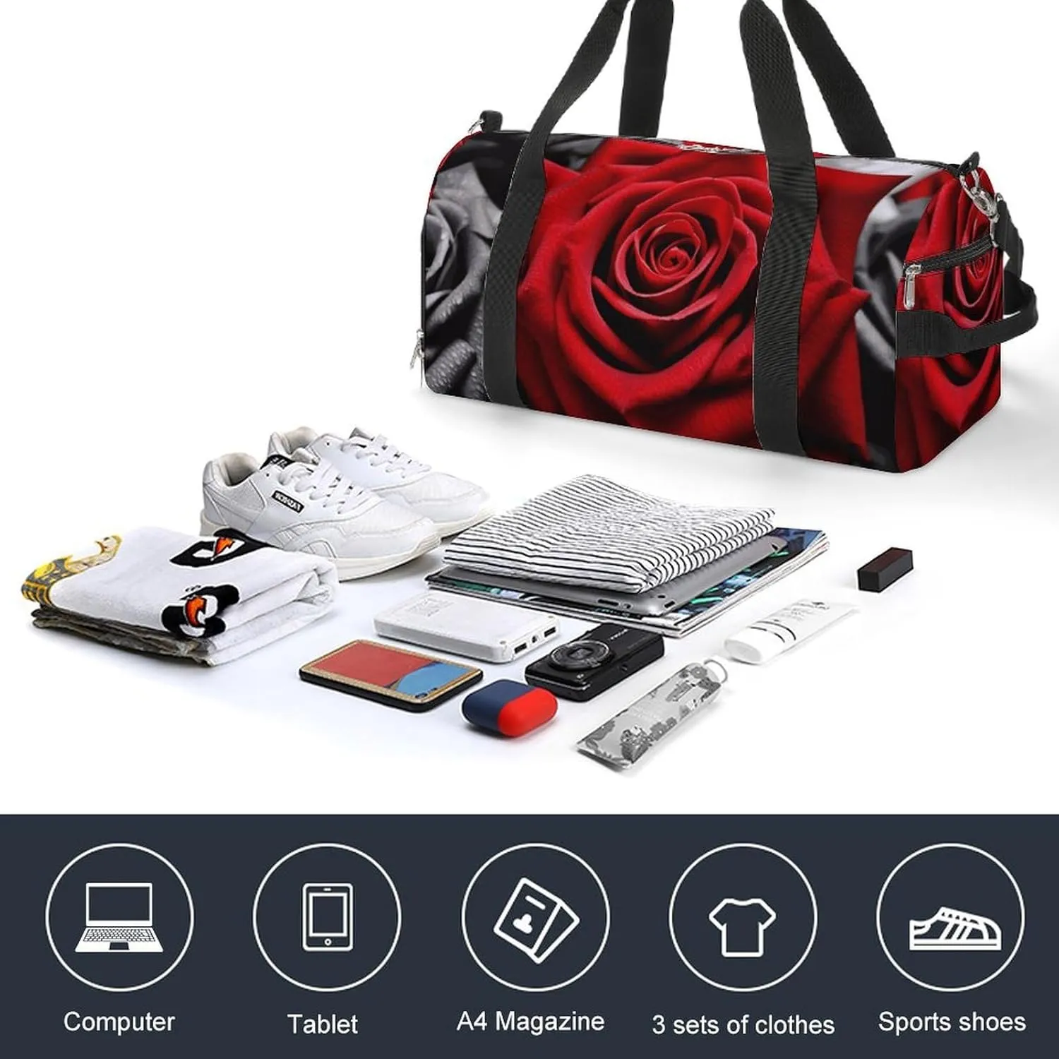 Gym Bags Small Black White And Red Roses Duffel Bag Overnight Bag with Shoe Compartment Carryon Bag for Men Women