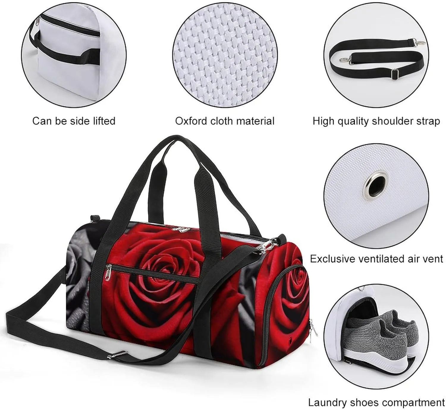 Gym Bags Small Black White And Red Roses Duffel Bag Overnight Bag with Shoe Compartment Carryon Bag for Men Women