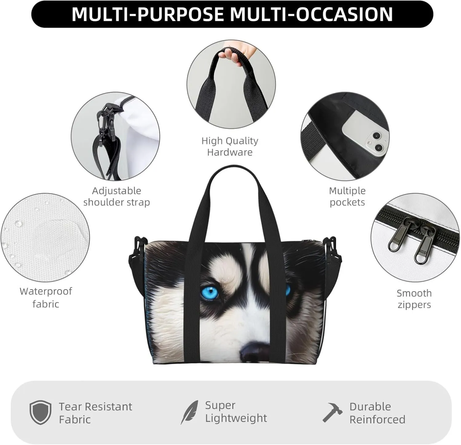 Gym Bags Small Blue eyed husky Duffel Bag Overnight Bag with Shoe Compartment Carryon Bag for Men Women