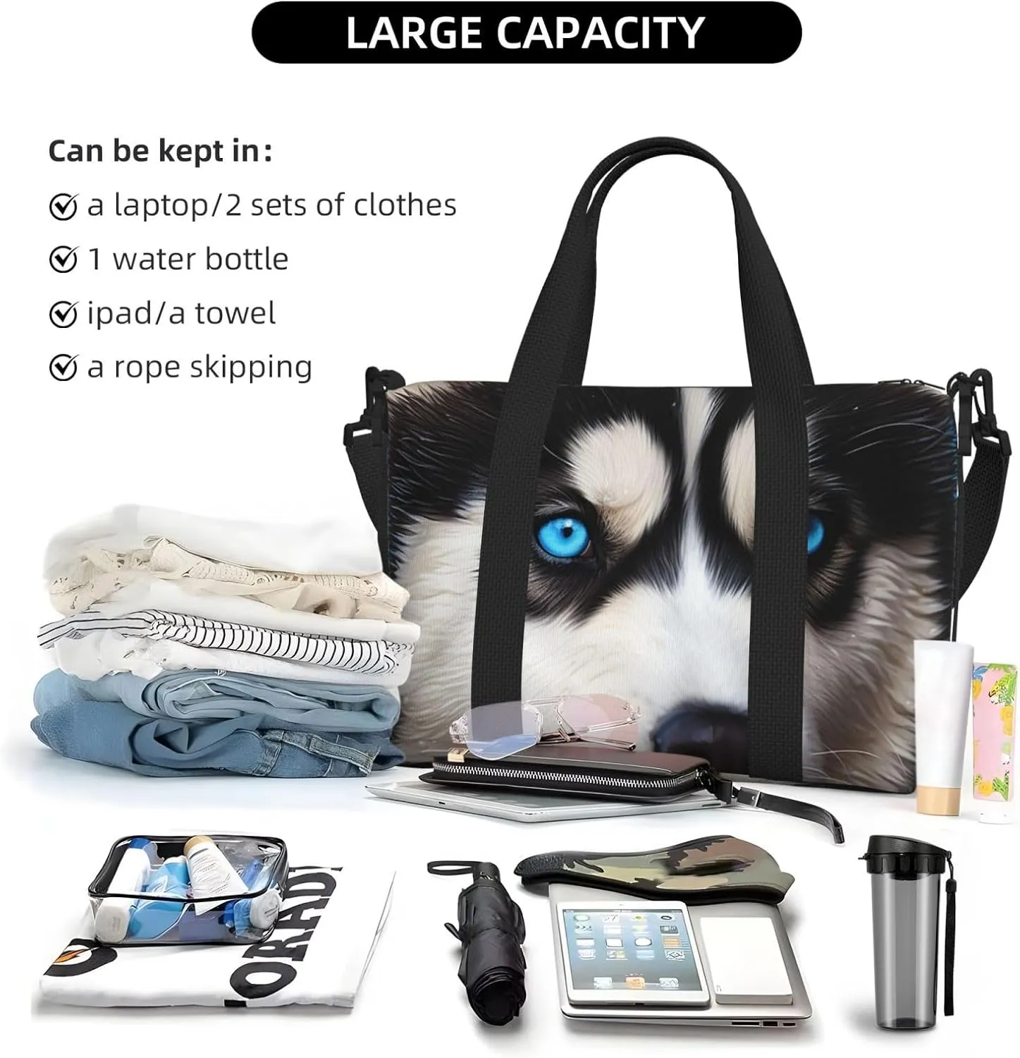 Gym Bags Small Blue eyed husky Duffel Bag Overnight Bag with Shoe Compartment Carryon Bag for Men Women