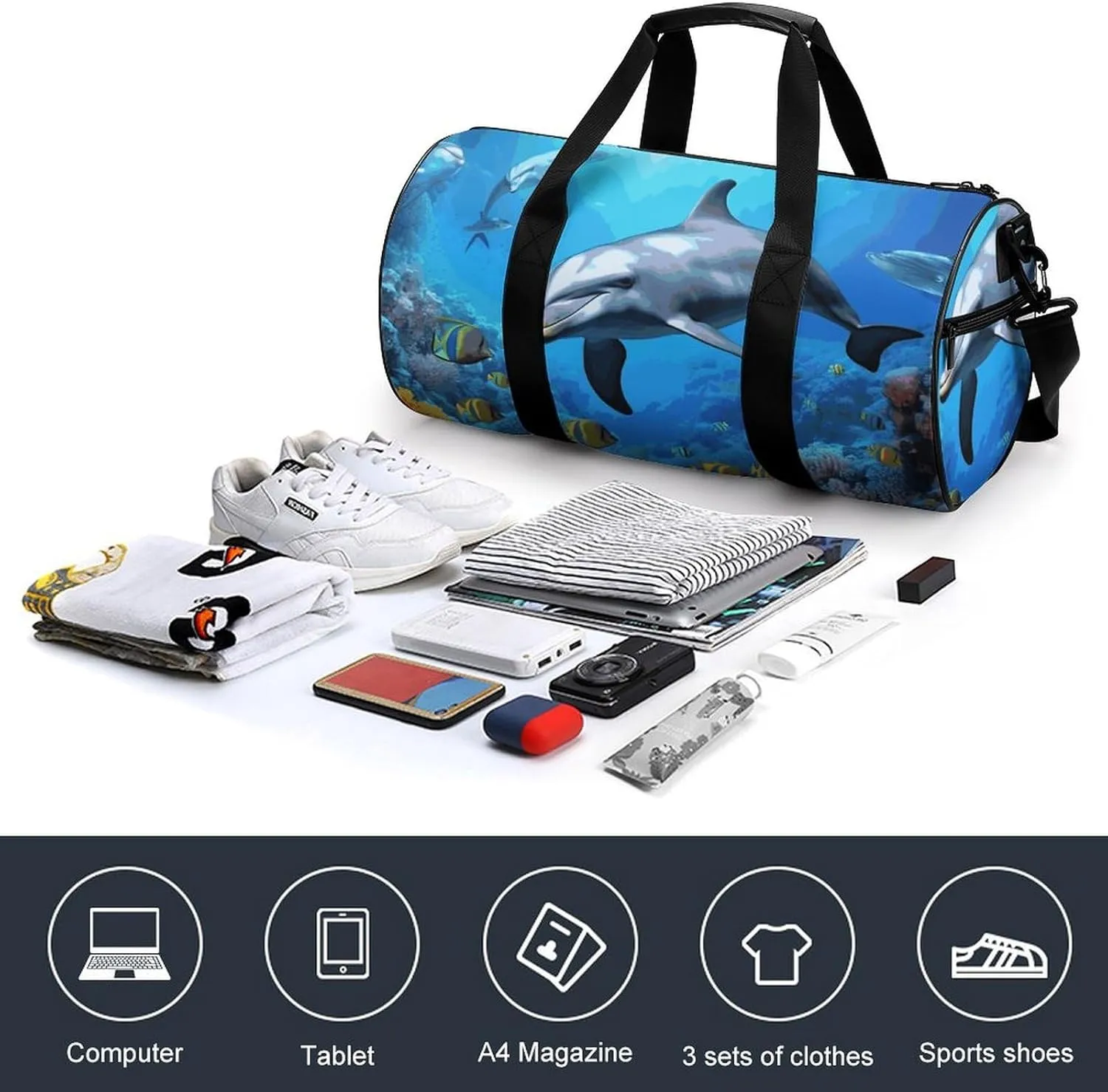 Gym Bags Small Dolphin in The Coral Reef Duffel Bag Overnight Bag with Shoe Compartment Carryon Bag for Men Women
